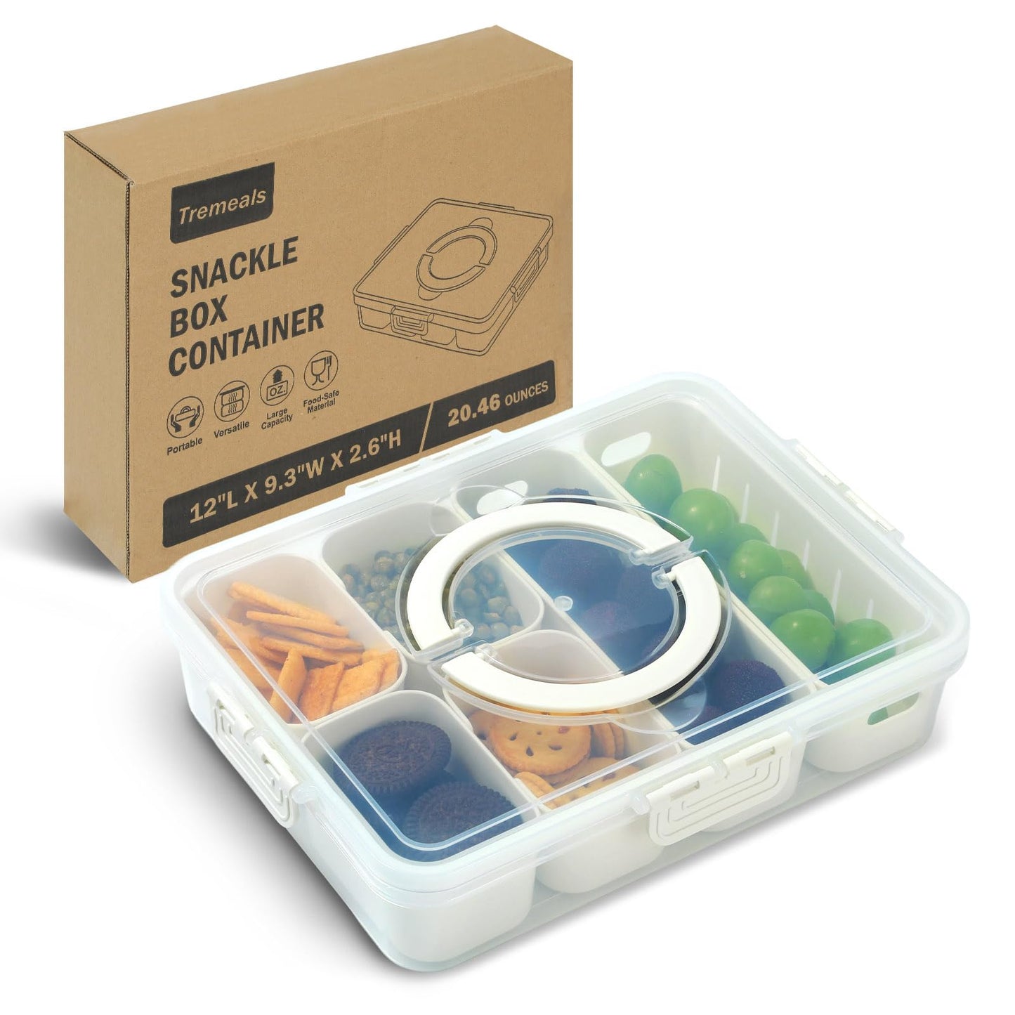 Divided Serving Tray for Candy, Condiment, Fruits and Nuts - Dishwasher Safe Snackle Box Container with Lid - Portable Charcuterie Board for Parties, Picnics, Travel and On-the-Go Snacking (6 Cups)