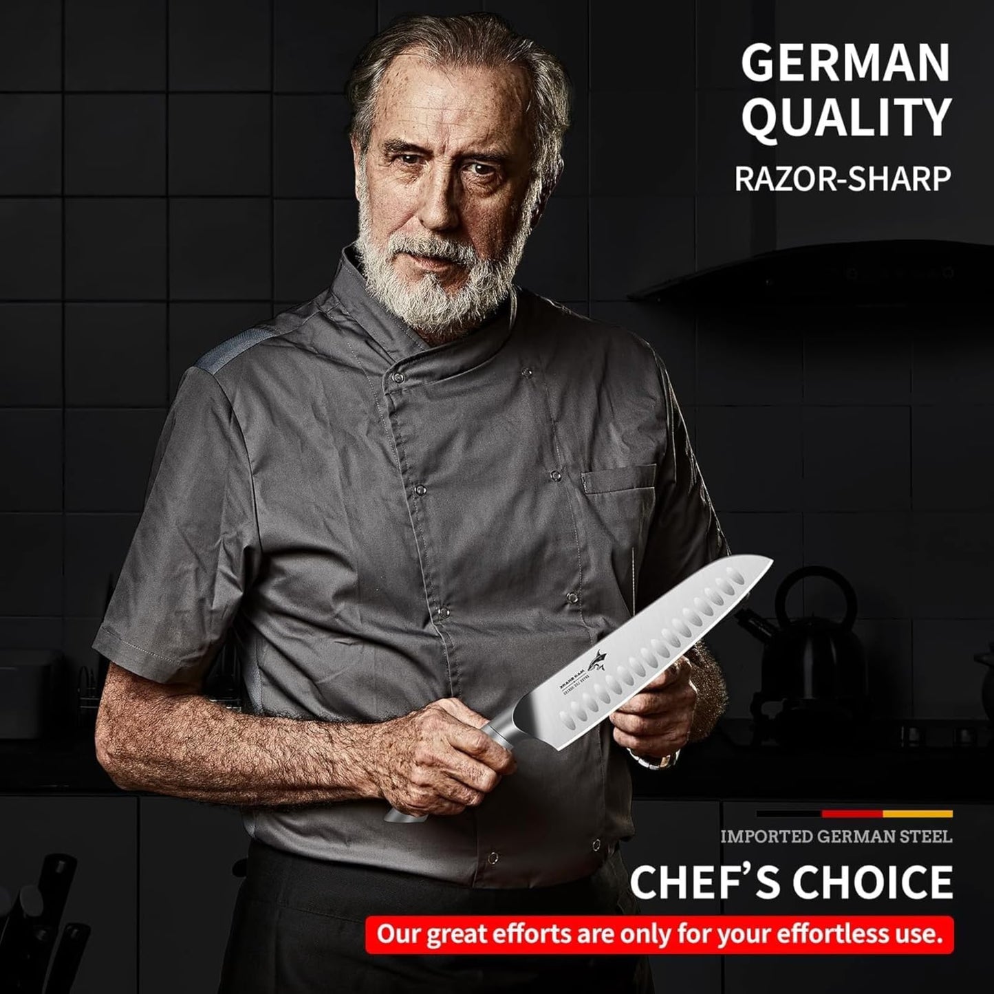 MAD SHARK 8 Inch Santoku Knife - Ultra Sharp Japanese Kitchen Knife, High Carbon German Steel, Ergonomic Handle - Ideal for Slicing, Dicing & Chopping - Unique Gift for Chefs, Men & Women (White)