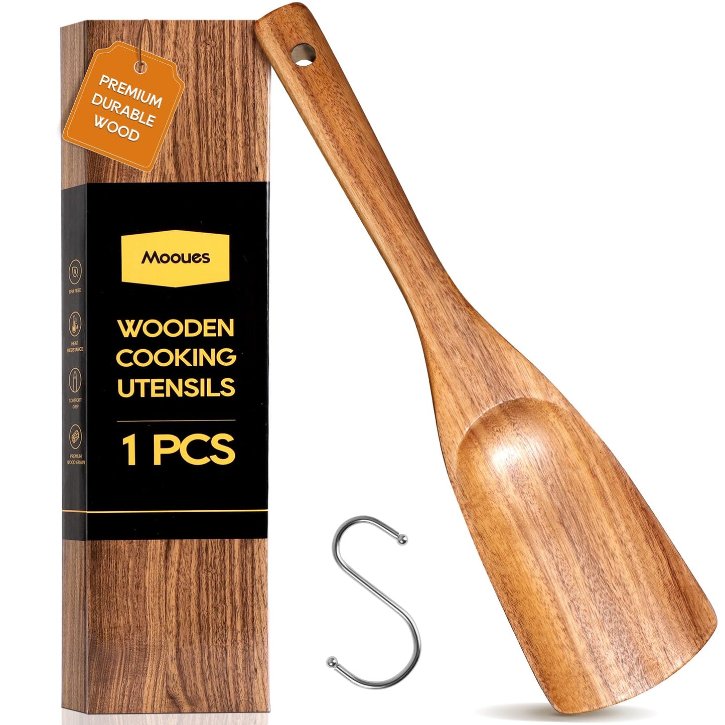 9 Piece Natural Teak Wooden Kitchen Utensil Set with Spoon Rest - Comfort Grip Cooking Spoons and Utensils Holder