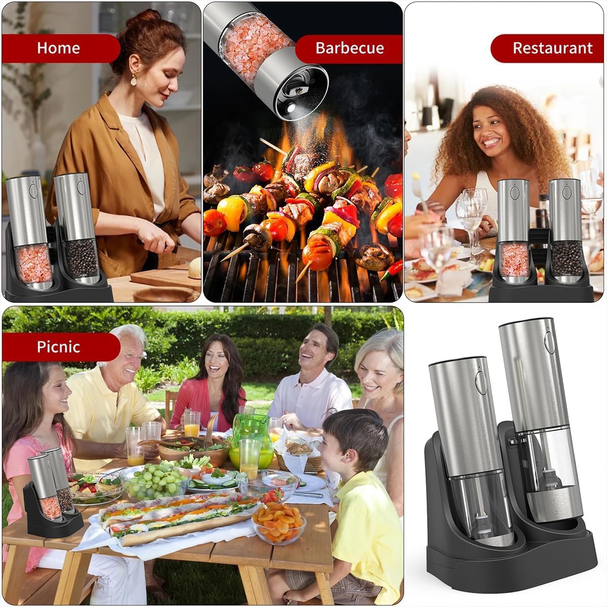 Electric Salt and Pepper Grinder Set, Rechargeable Automatic Stainless Steel Pepper Mills with LED Light, Upgraded Charging Base, Adjustable Coarseness, One-Hand Operation, House Warming Cooking Gifts