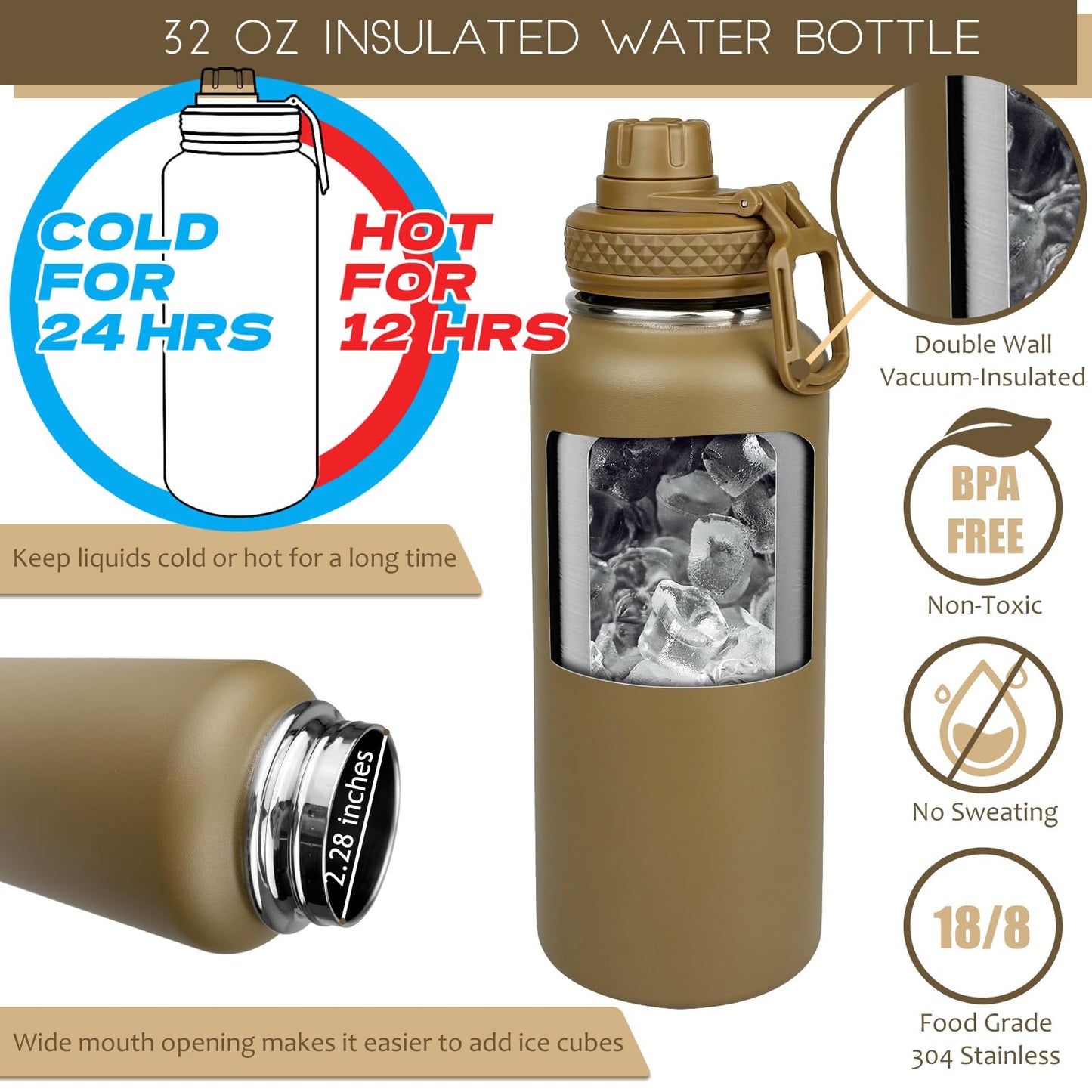 32 Oz Water Bottle with Sleeve - Insulated Bottle with Strap Stainless Steel Gym Water Bottles for Men Sports Workout Hiking All Black