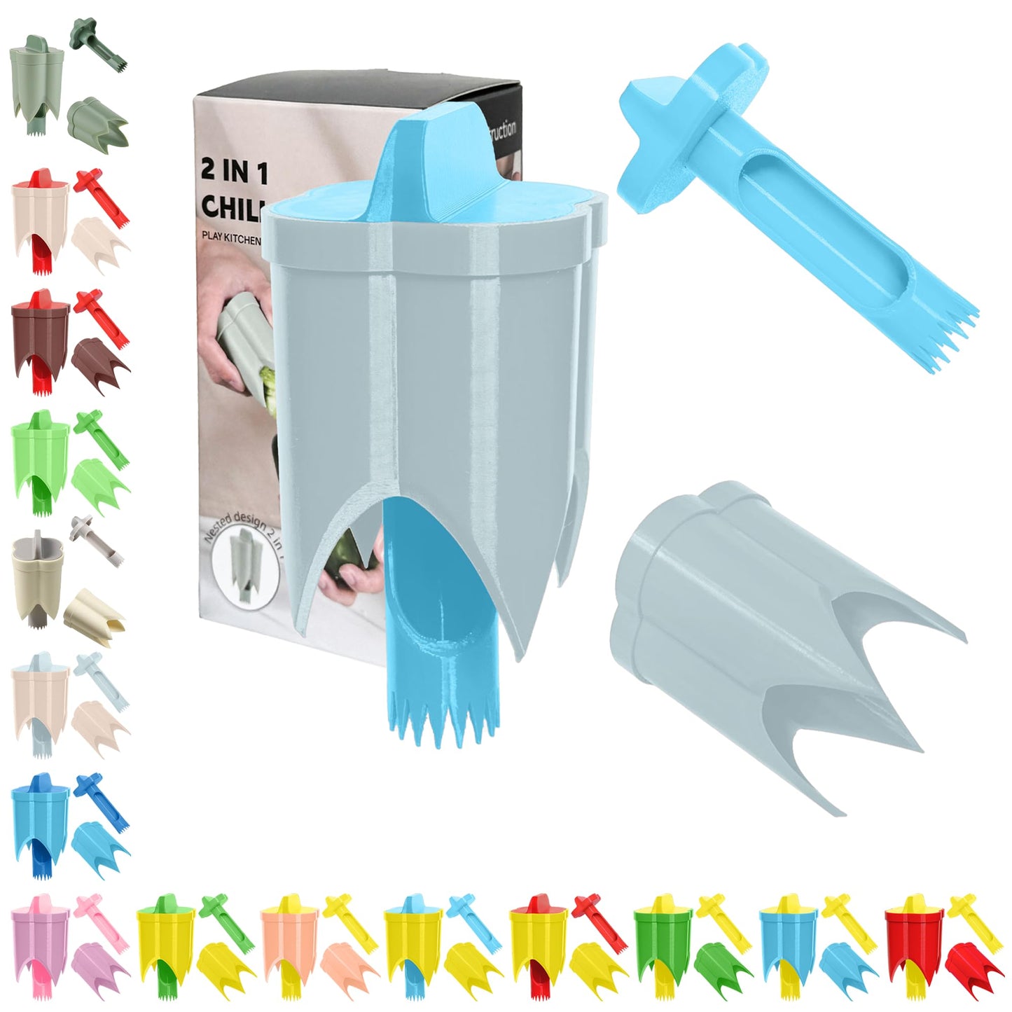 Pepper Corer, 2 in 1 Red Bell Pepper Seed Corer Remover Tool, Fruit & Vegetable Corers Quick Cave Tools for Jalapeno Cutter Deseeder, Blue Yellow, 3 PCS