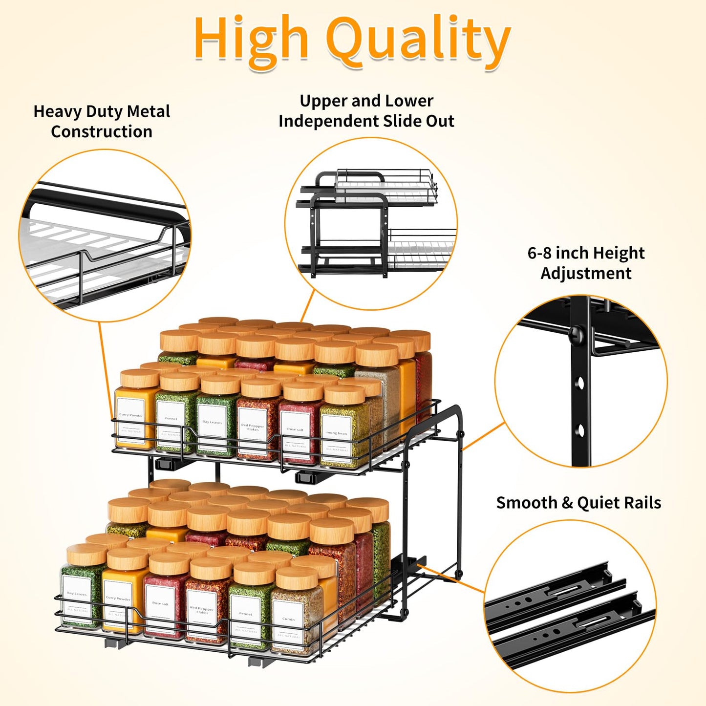 RCHYFEED Pull Out Spice Rack Organizer for Cabinet,Slide out Spice Organizer for Inside Cabinets,Heavy Duty Spice Organization for Kitchen and Pantry,Seasoning,Sauces(1-Tier,8.5" Wx10.5 Dx2.5 H)