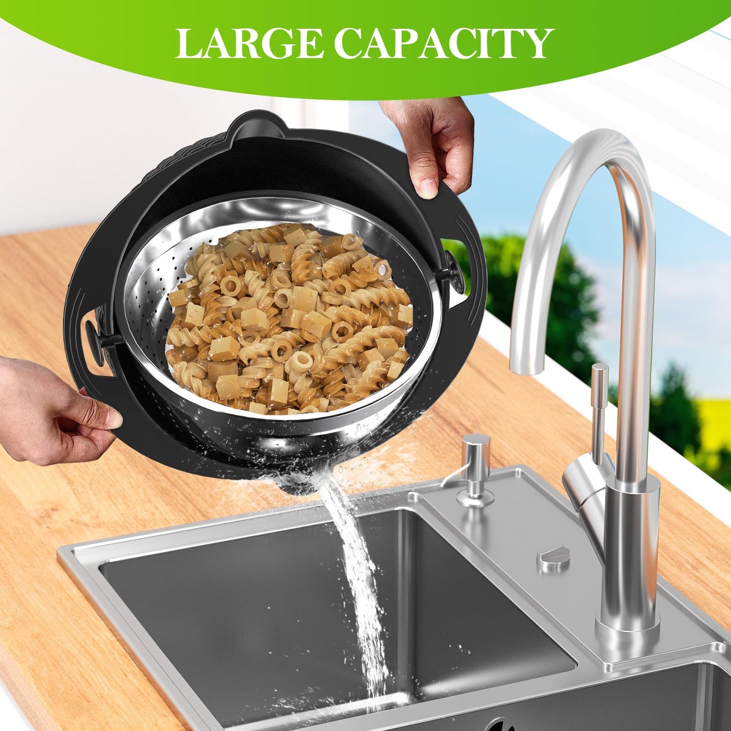 Over the Sink Colander - Strainers and Colanders - Stainless Steel Strainer - Expandable Sink Colander with Rubber Grip for Strain, Drain, Rinse Fruits, Vegetables, Home Kitchen Essentials