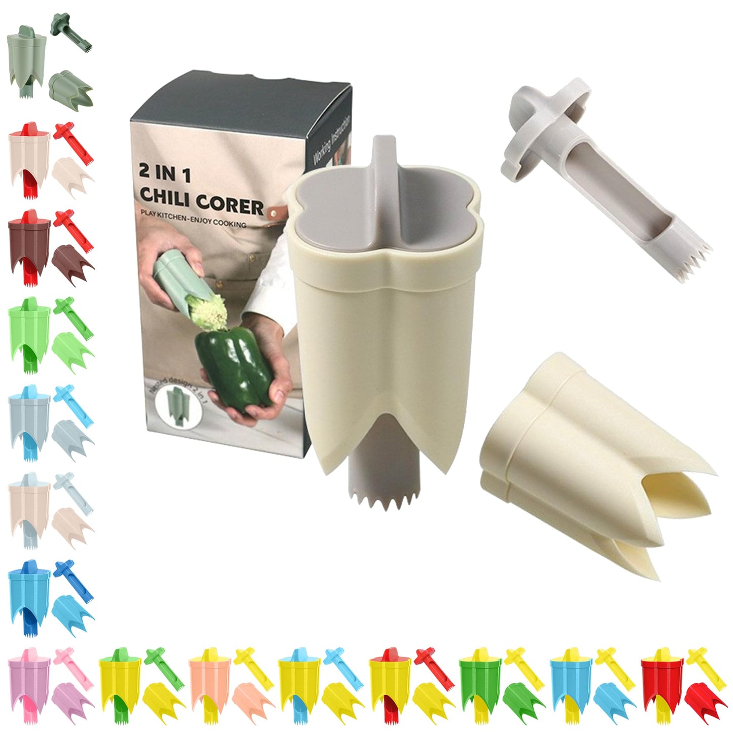 Pepper Corer, 2 in 1 Red Bell Pepper Seed Corer Remover Tool, Fruit & Vegetable Corers Quick Cave Tools for Jalapeno Cutter Deseeder, Blue Yellow, 3 PCS