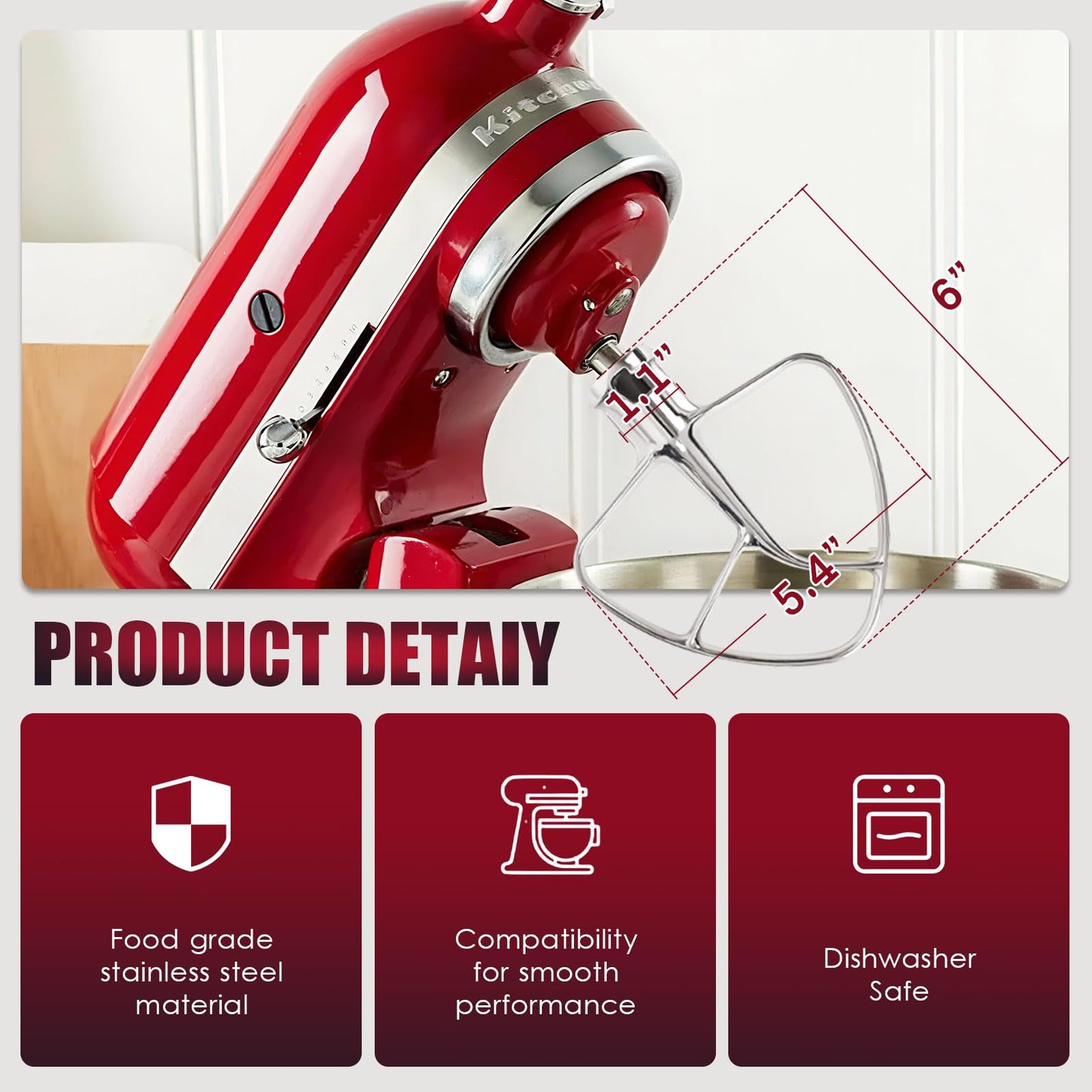 Stainless Steel Flat Beater for Kitchen Aid 4.5-5 Qt Tilt Head Mixers, Compatible Kitchenaid Paddle Attachment for Stir all of Mixtures|Durable and Heavy Duty Replacement