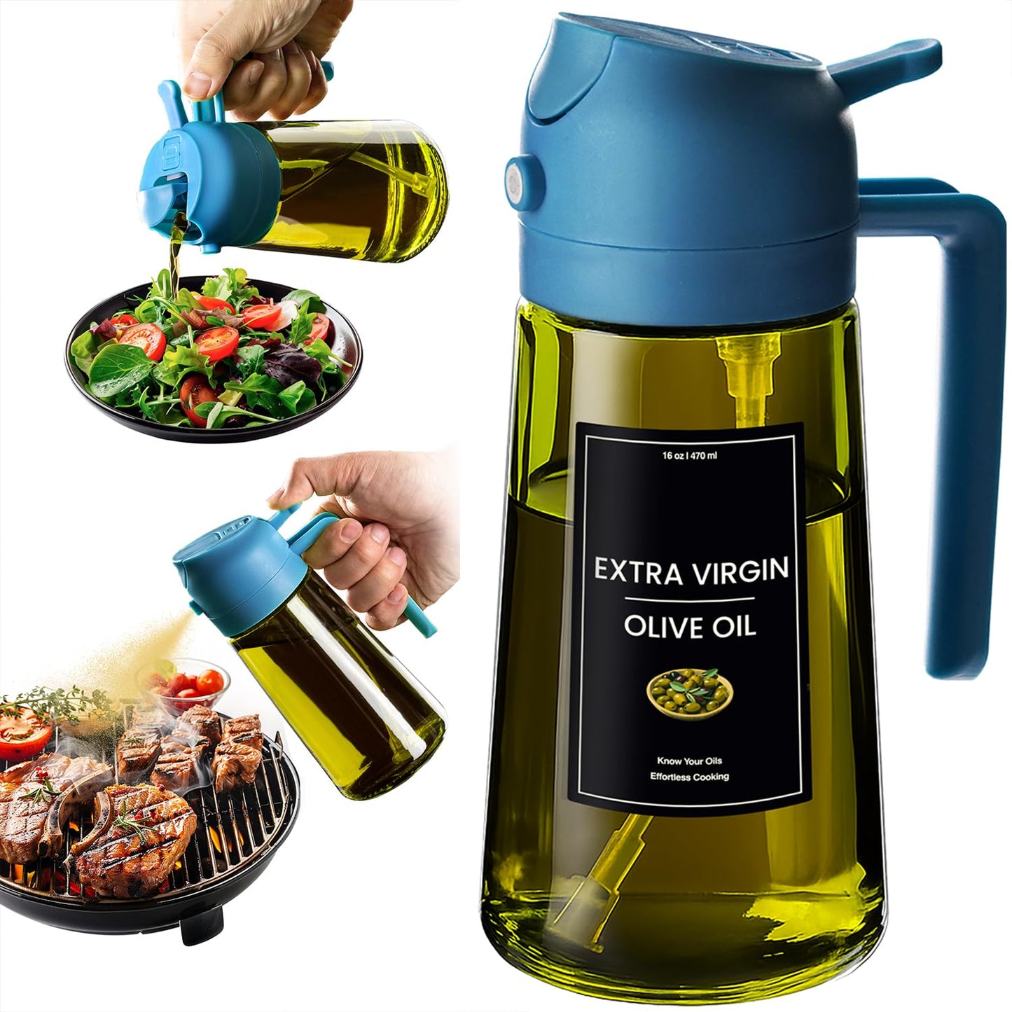 CXINYI - 16oz/470ml Olive Oil Dispenser for Kitchen with Stickers - 2 in 1 Olive Oil Sprayer for Cooking, Air Fryer, and Salad, Black&Green (Light-Proof Kitchen Gadget)