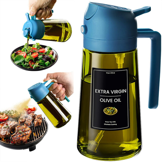 CXINYI - 16oz/470ml Olive Oil Dispenser for Kitchen with Stickers - 2 in 1 Olive Oil Sprayer for Cooking, Air Fryer, and Salad, Black&Green (Light-Proof Kitchen Gadget)