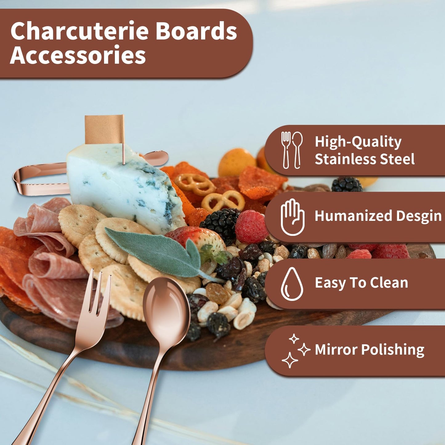 Charcuterie Boards Accessories(29 PCS) Cheese Spreaders for Charcuterie Board Mini Serving Spoon Fork Tongs Blank Toothpick Flags Bowl