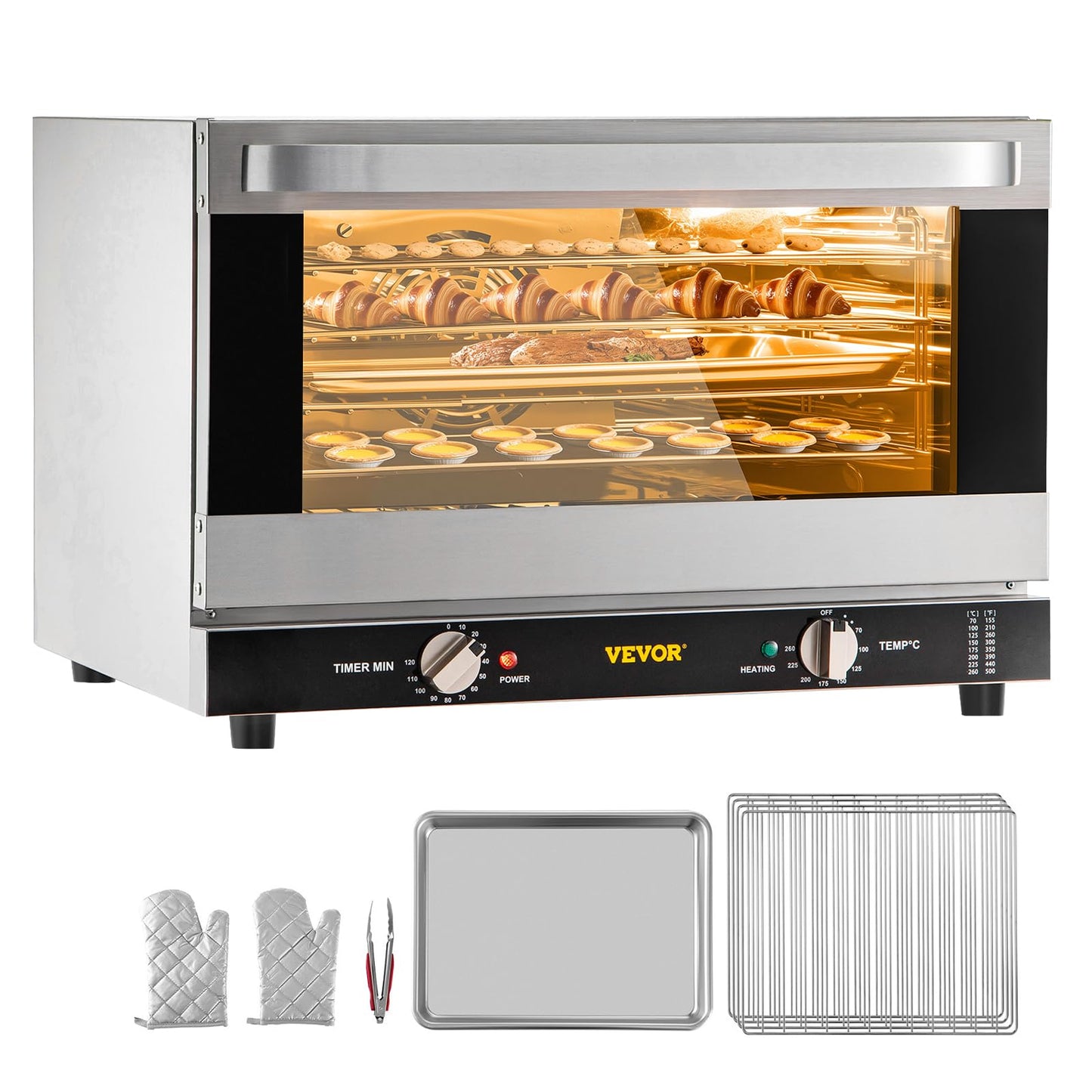 VEVOR Commercial Convection Oven, 21L/19Qt, Quarter-Size Conventional Oven Countertop, 1440W 3-Tier Toaster w/Front Glass Door, Electric Baking Oven w/Trays Wire Racks Clip Gloves, 120V