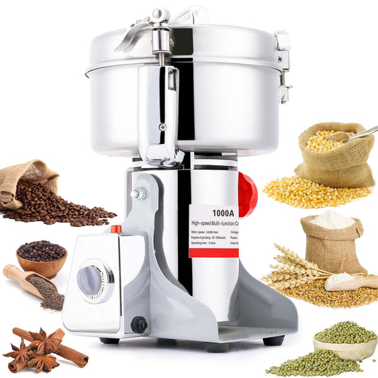 Electric Grain Mill Grinder 800g Stainless Steel Pulverizer 36000r/min High-speed Grain Mill 1800W Dry Material Grinding Machine 270° swingable Superfine powder for Home and Commercial