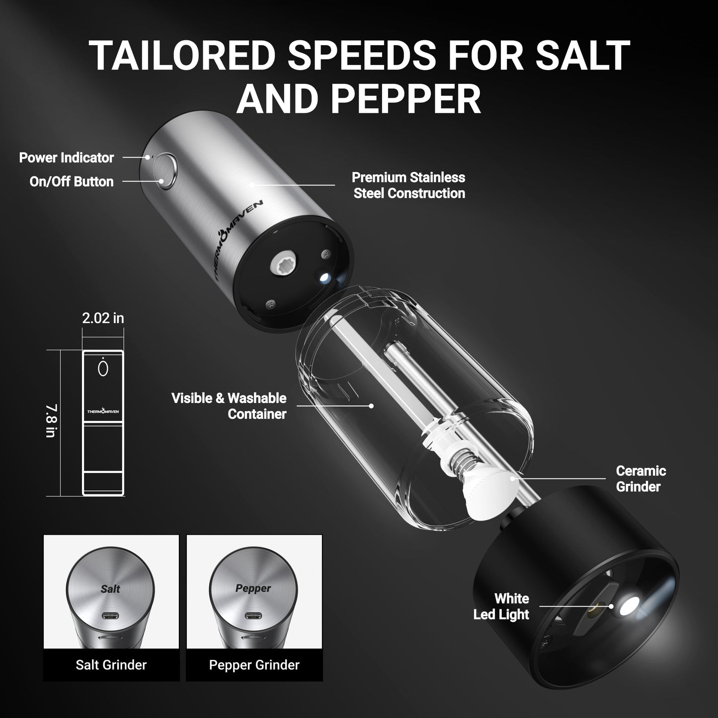 ThermoMaven Electric Salt and Pepper Grinder Set, 110ml Larger Rechargeable Automatic Salt and Pepper Mill Grinder with 6 Adjustable Coarseness, Electric Salt and Pepper Shakers, LED, 2 Packs, Black