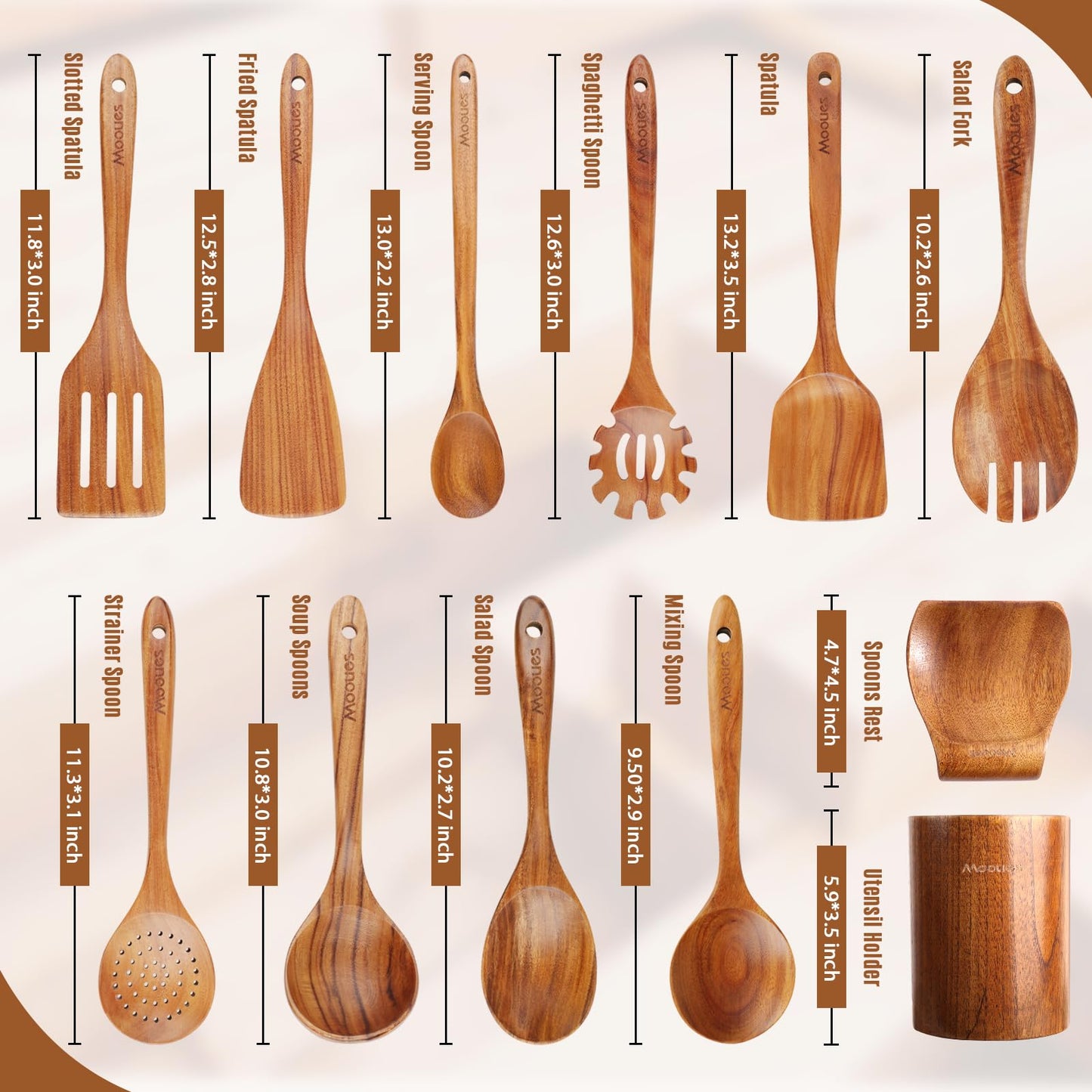 9 Piece Natural Teak Wooden Kitchen Utensil Set with Spoon Rest - Comfort Grip Cooking Spoons and Utensils Holder