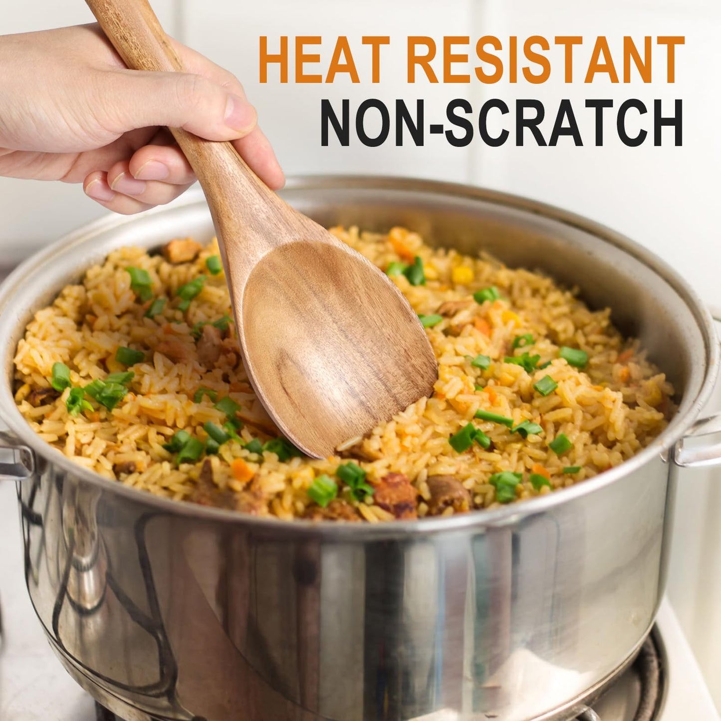 9 Piece Natural Teak Wooden Kitchen Utensil Set with Spoon Rest - Comfort Grip Cooking Spoons and Utensils Holder