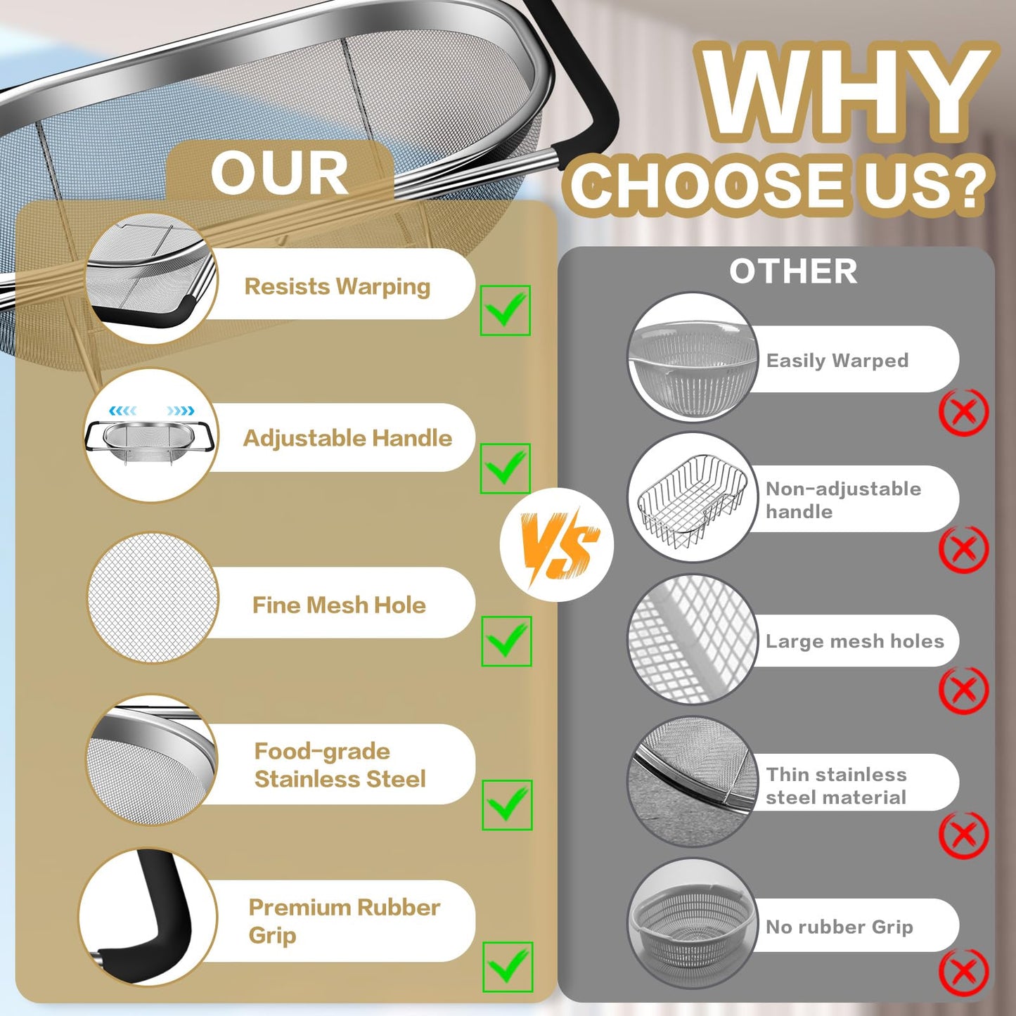 Over the Sink Colander - Strainers and Colanders - Stainless Steel Strainer - Expandable Sink Colander with Rubber Grip for Strain, Drain, Rinse Fruits, Vegetables, Home Kitchen Essentials