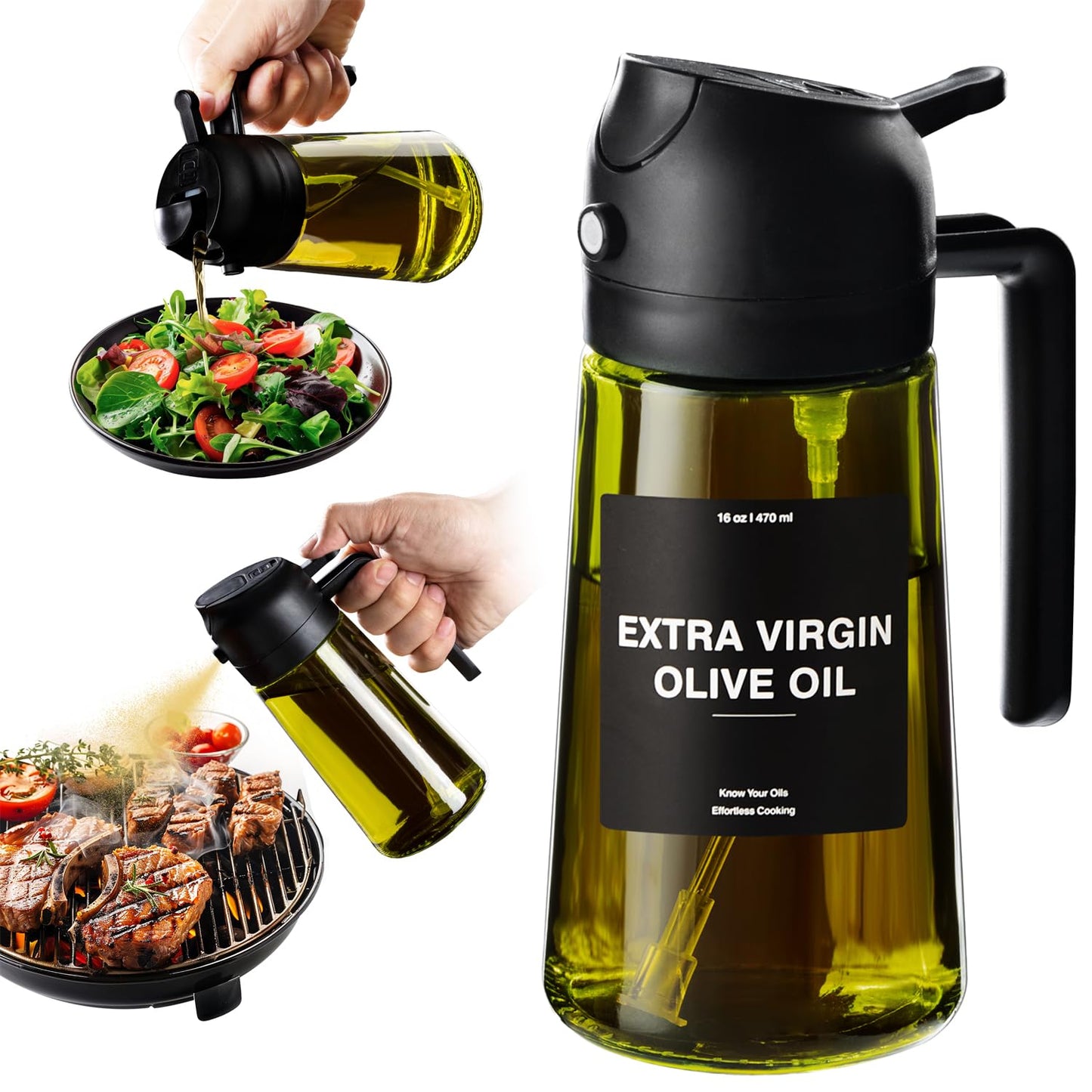 CXINYI - 16oz/470ml Olive Oil Dispenser for Kitchen with Stickers - 2 in 1 Olive Oil Sprayer for Cooking, Air Fryer, and Salad, Black&Green (Light-Proof Kitchen Gadget)