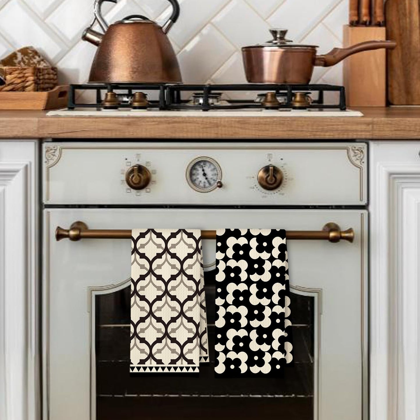 Beige and Black Moroccan Kitchen Towels, Boho Abstract Dish Tea Towels for Kitchen Decor, Retro Mid Century Modern Hand Towel for Bathroom Decor, 16x24 Inches