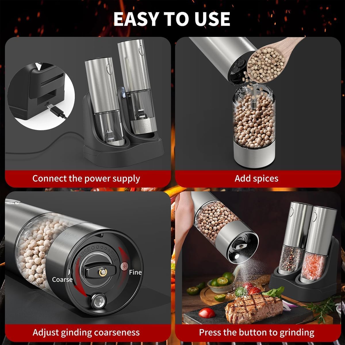 Electric Salt and Pepper Grinder Set, Rechargeable Automatic Stainless Steel Pepper Mills with LED Light, Upgraded Charging Base, Adjustable Coarseness, One-Hand Operation, House Warming Cooking Gifts