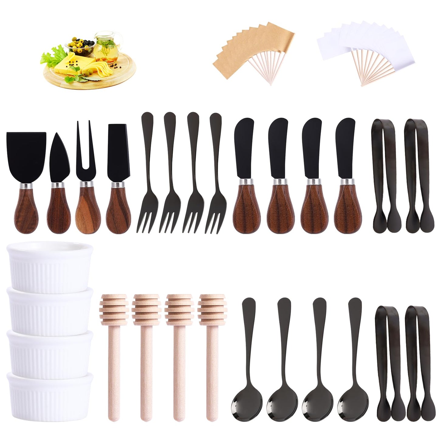 Charcuterie Boards Accessories(29 PCS) Cheese Spreaders for Charcuterie Board Mini Serving Spoon Fork Tongs Blank Toothpick Flags Bowl