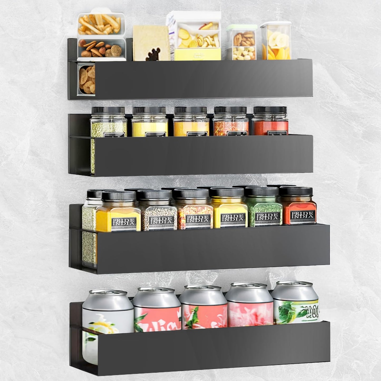 Kitchen Spice Rack for Wall: 2 Packs Black Adhesive Spice Racks Wall Mount - 11.8" Large Hanging Storage Organizer Cabinet Without Drilling for Work Room Bathroom Shelves