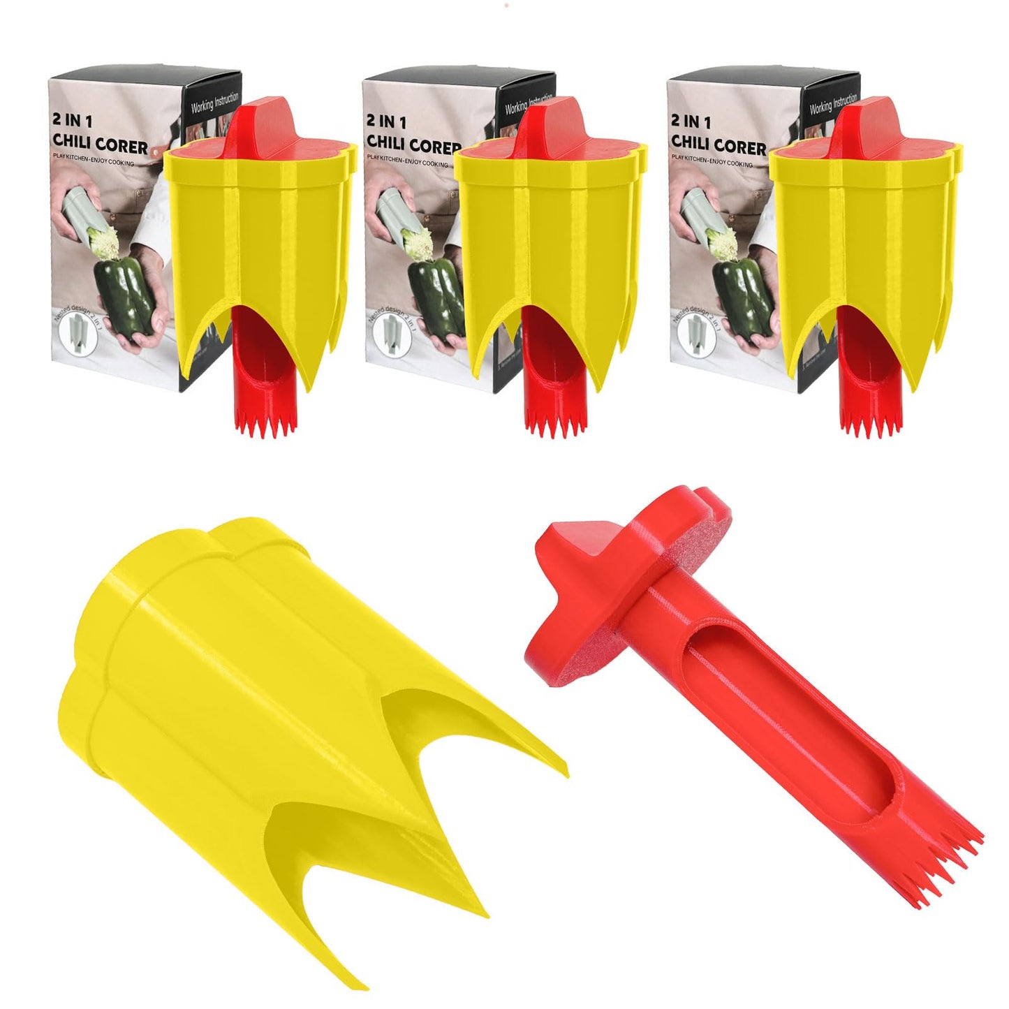 Pepper Corer, 2 in 1 Red Bell Pepper Seed Corer Remover Tool, Fruit & Vegetable Corers Quick Cave Tools for Jalapeno Cutter Deseeder, Blue Yellow, 3 PCS