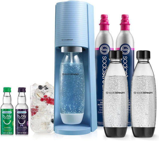 SodaStream - Terra Sparkling Water Maker | VALUE BUNDLE | CQC CO2 system | Includes 2x CO2 Cylinders, 3x 32 Fl Oz Dishwasher Safe Bottles, 2x Bubly Flavor Drops | Combine with Flavors | Misty Blue