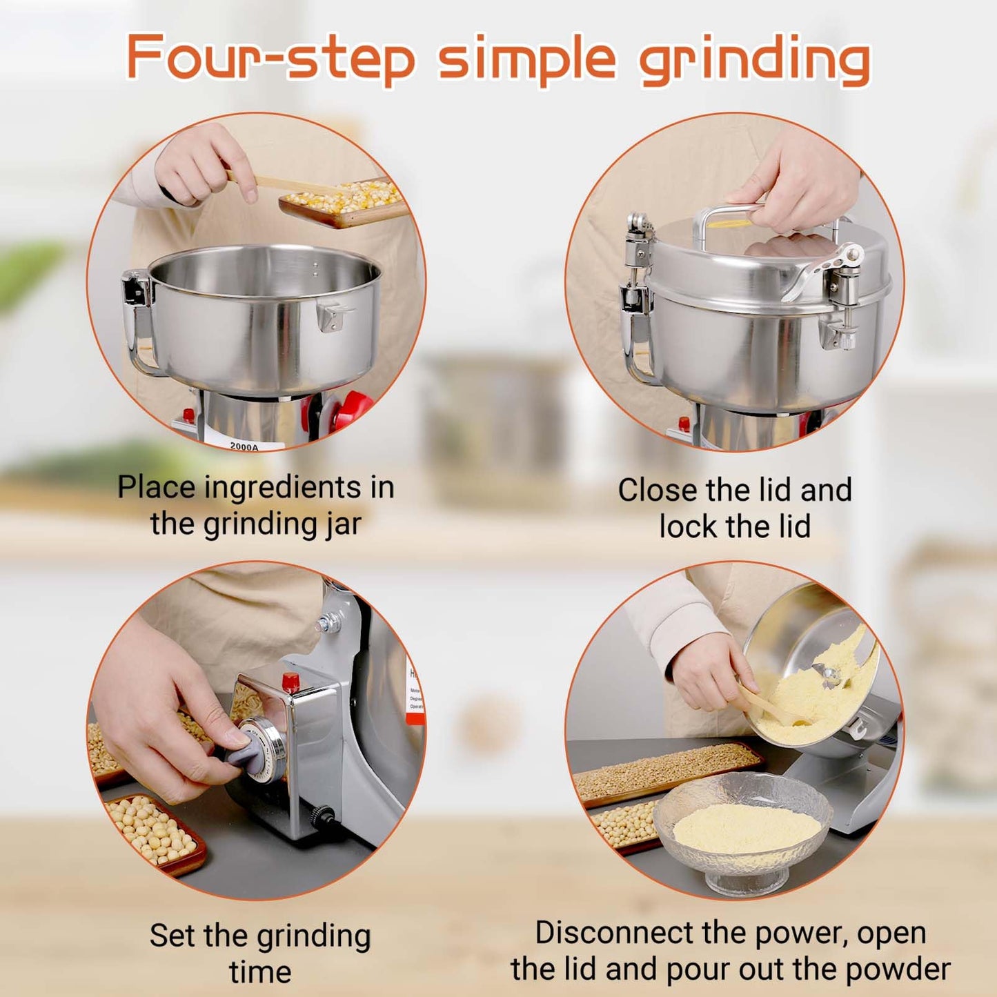 Electric Grain Mill Grinder 800g Stainless Steel Pulverizer 36000r/min High-speed Grain Mill 1800W Dry Material Grinding Machine 270° swingable Superfine powder for Home and Commercial