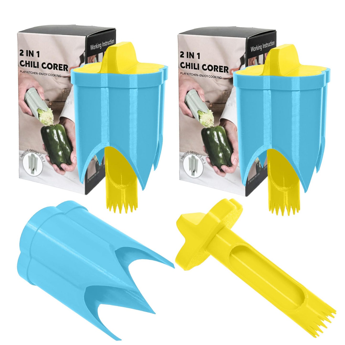 Pepper Corer, 2 in 1 Red Bell Pepper Seed Corer Remover Tool, Fruit & Vegetable Corers Quick Cave Tools for Jalapeno Cutter Deseeder, Blue Yellow, 3 PCS