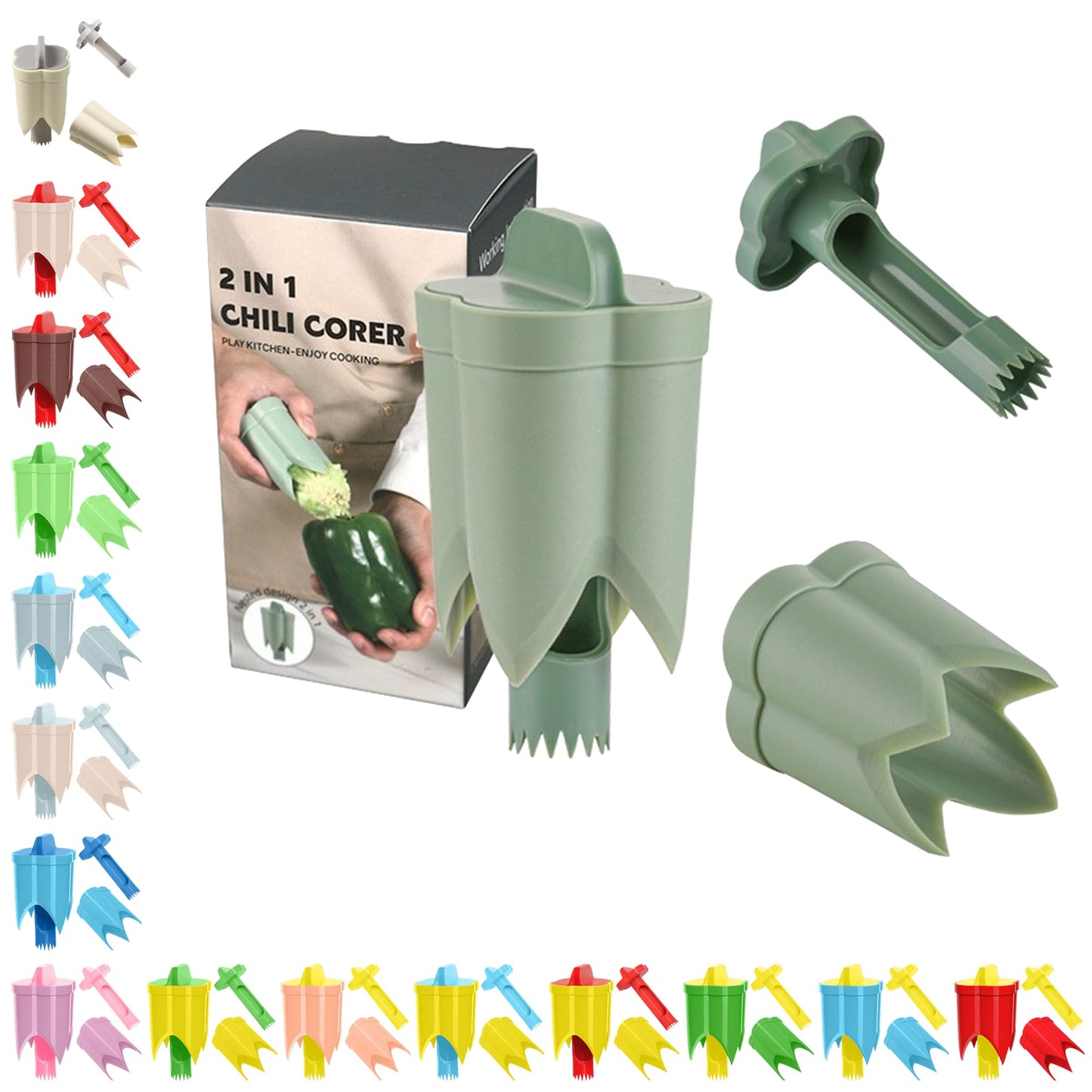 Pepper Corer, 2 in 1 Red Bell Pepper Seed Corer Remover Tool, Fruit & Vegetable Corers Quick Cave Tools for Jalapeno Cutter Deseeder, Blue Yellow, 3 PCS