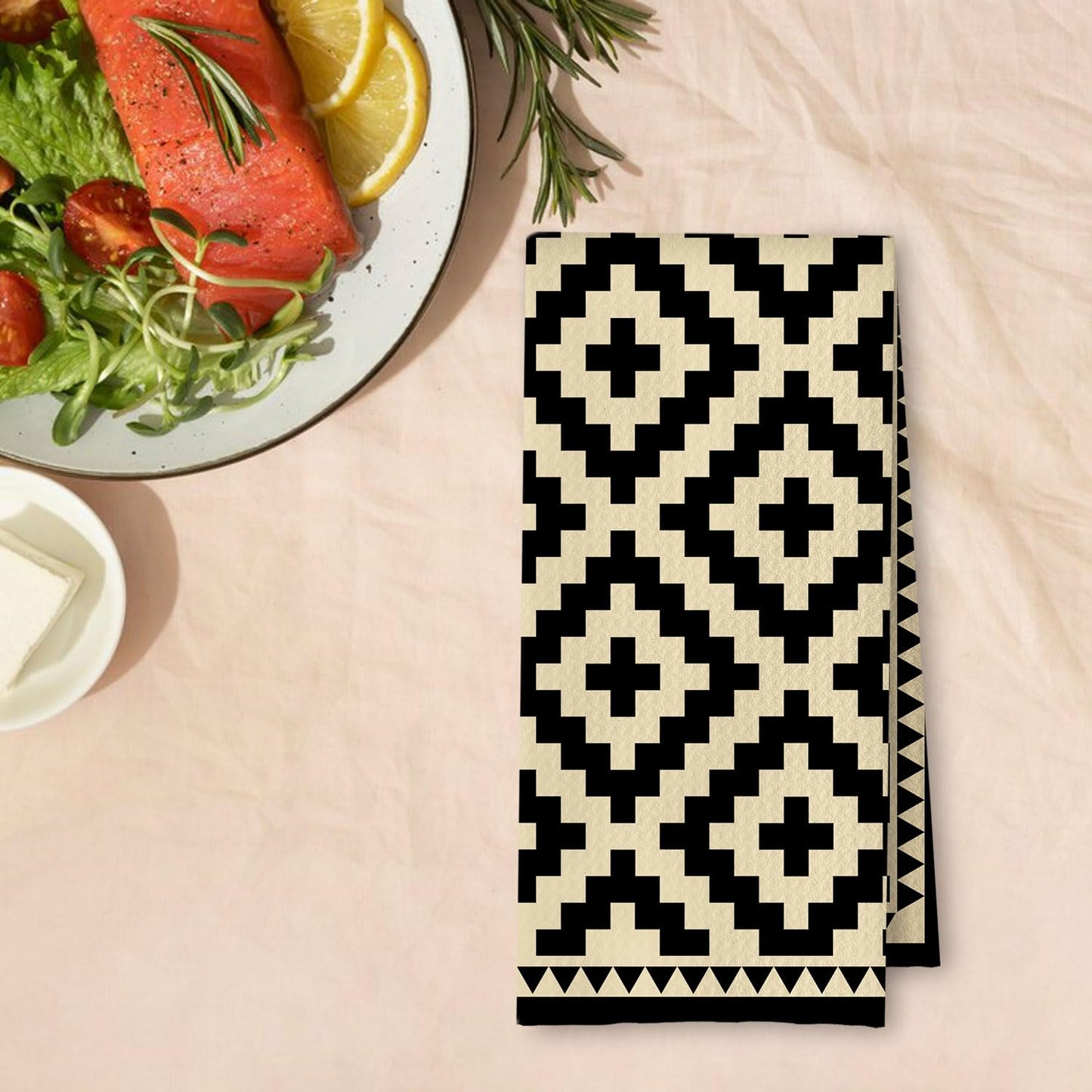 Beige and Black Moroccan Kitchen Towels, Boho Abstract Dish Tea Towels for Kitchen Decor, Retro Mid Century Modern Hand Towel for Bathroom Decor, 16x24 Inches