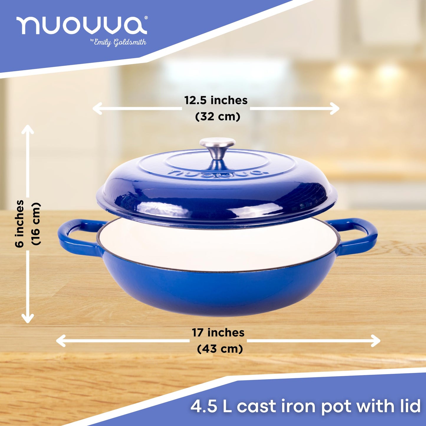 Shallow Cast Iron Casserole with Lid – Non Stick Dutch Oven Pot, Oven Safe up to 500° F – Sturdy Ovenproof Stockpot Cookware – Enamelled Cooking Pot – Black, 5-Quart, 32cm – by Nuovva