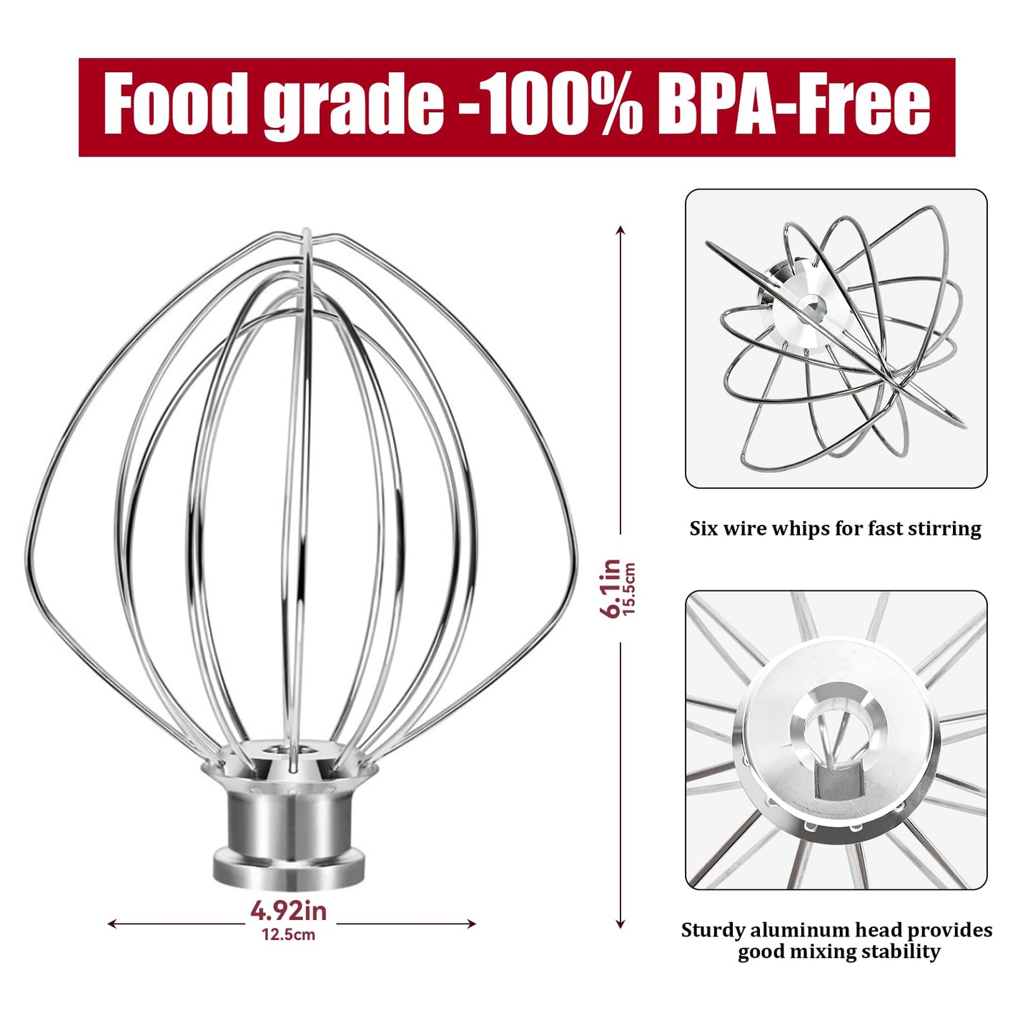 Whole Stainless Steel K45WW Whisk Attachment for KitchenAid 4.5-5 Tilt-Head Mixer, Dishwasher Safe Wire Whip for Kitchen Aid