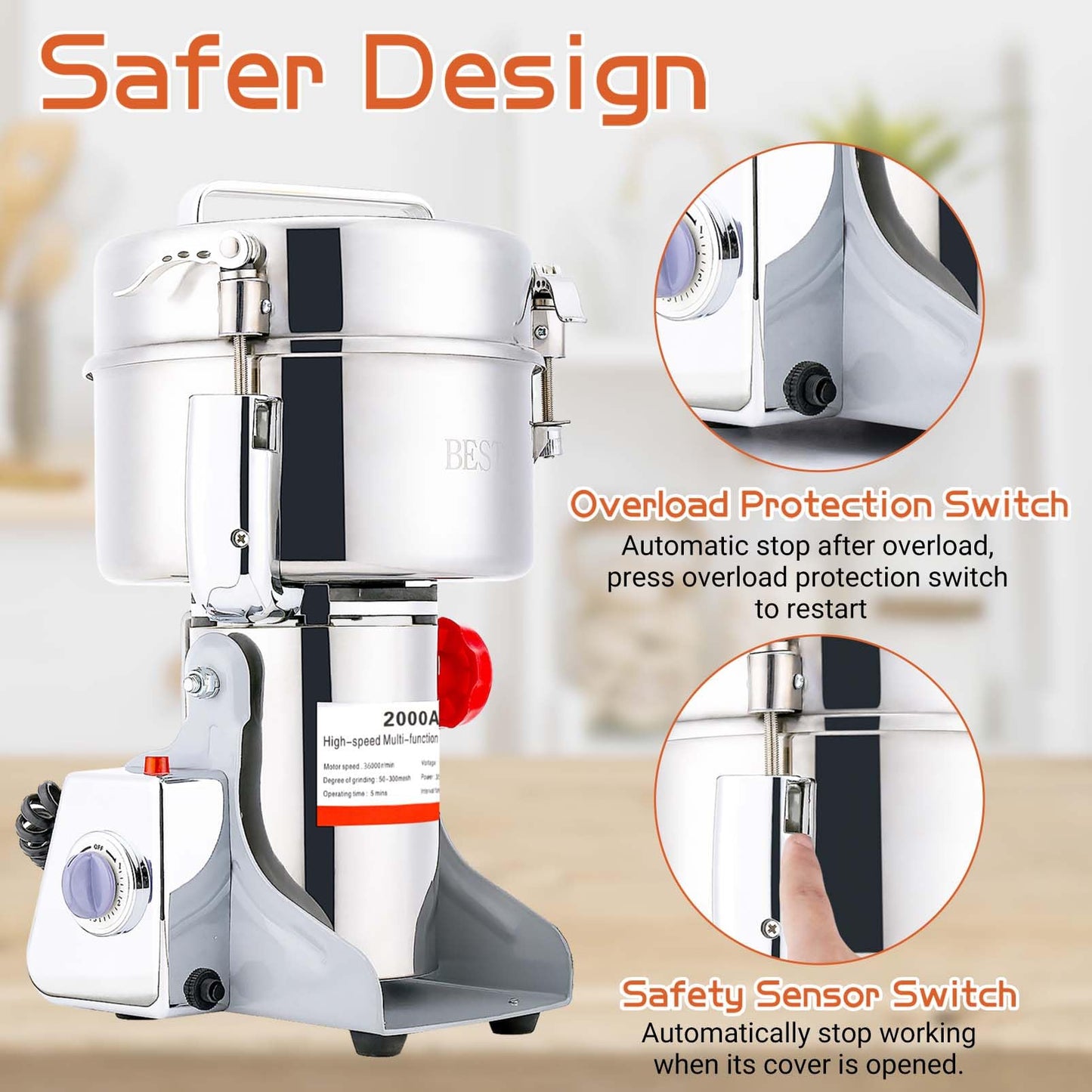 Electric Grain Mill Grinder 800g Stainless Steel Pulverizer 36000r/min High-speed Grain Mill 1800W Dry Material Grinding Machine 270° swingable Superfine powder for Home and Commercial