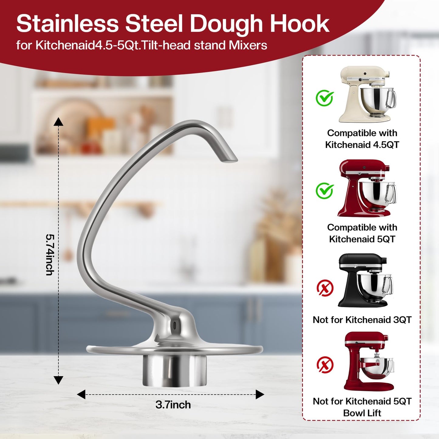 Stainless Steel Dough Hook for Kitchenaid 4.5-5 Qt Tilt-Head Mixers,Dishwasher Safe,Heavy-Duty Replacement K45DH for kitchen aid Dough Hook Attachment