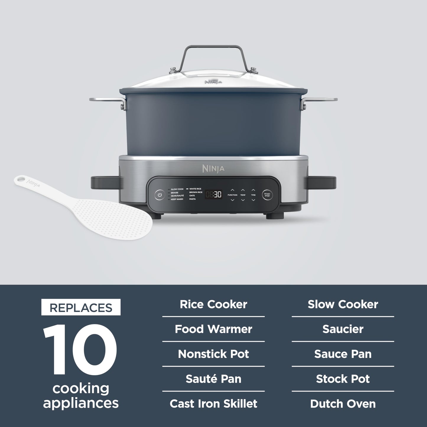 Ninja MC1001 Foodi PossibleCooker PRO 8.5 Quart Multi-Cooker, with 8-in-1 Slow Cooker, Dutch Oven, Steamer, Glass Lid Integrated Spoon, Nonstick, Oven Safe Pot to 500°F, Sea Salt Gray
