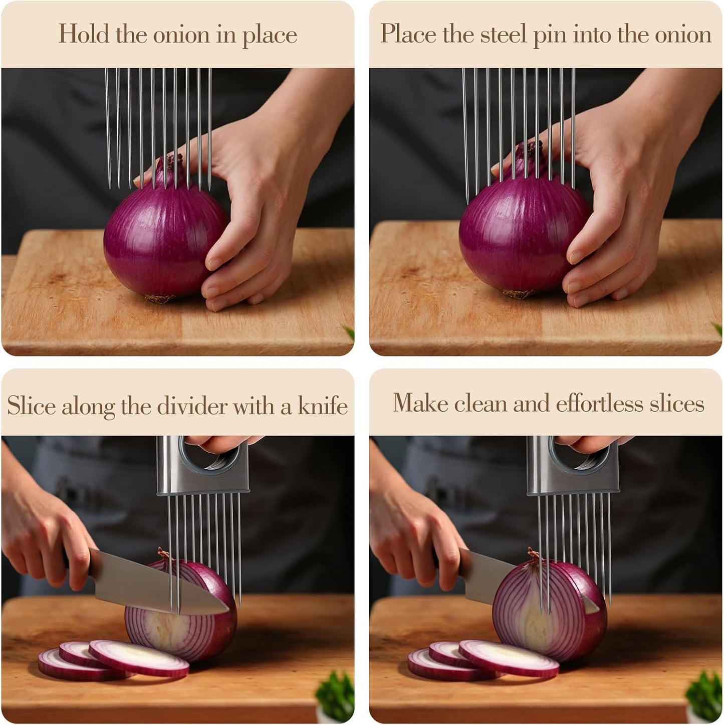 Cook Guy Stainless Steel Onion Holder and Slicer – Multi-Purpose Food Slicing Tool for Onions, Tomatoes, Avocados, Potatoes, Eggs, and More – Easy Grip with 10 Even Prongs