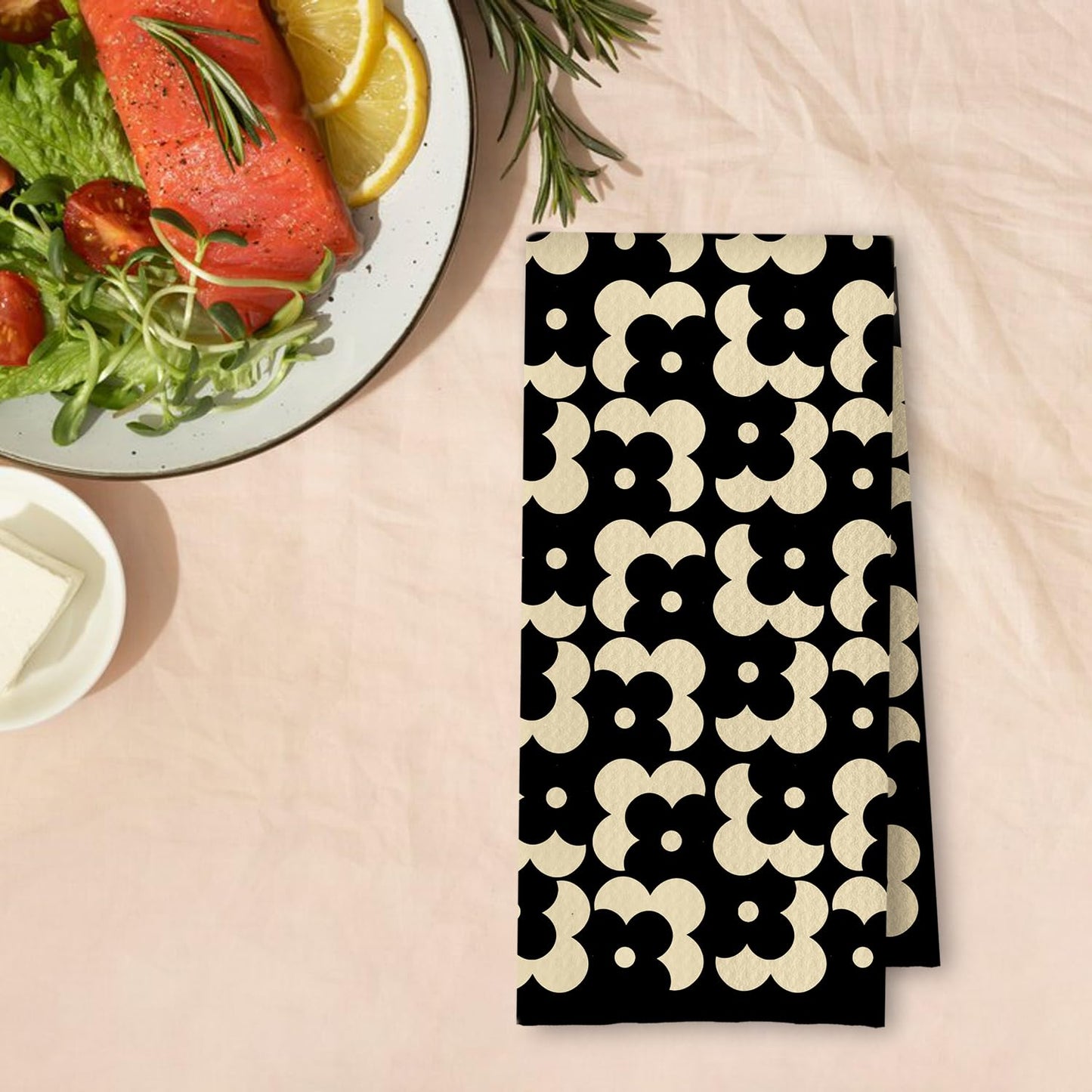 Beige and Black Moroccan Kitchen Towels, Boho Abstract Dish Tea Towels for Kitchen Decor, Retro Mid Century Modern Hand Towel for Bathroom Decor, 16x24 Inches