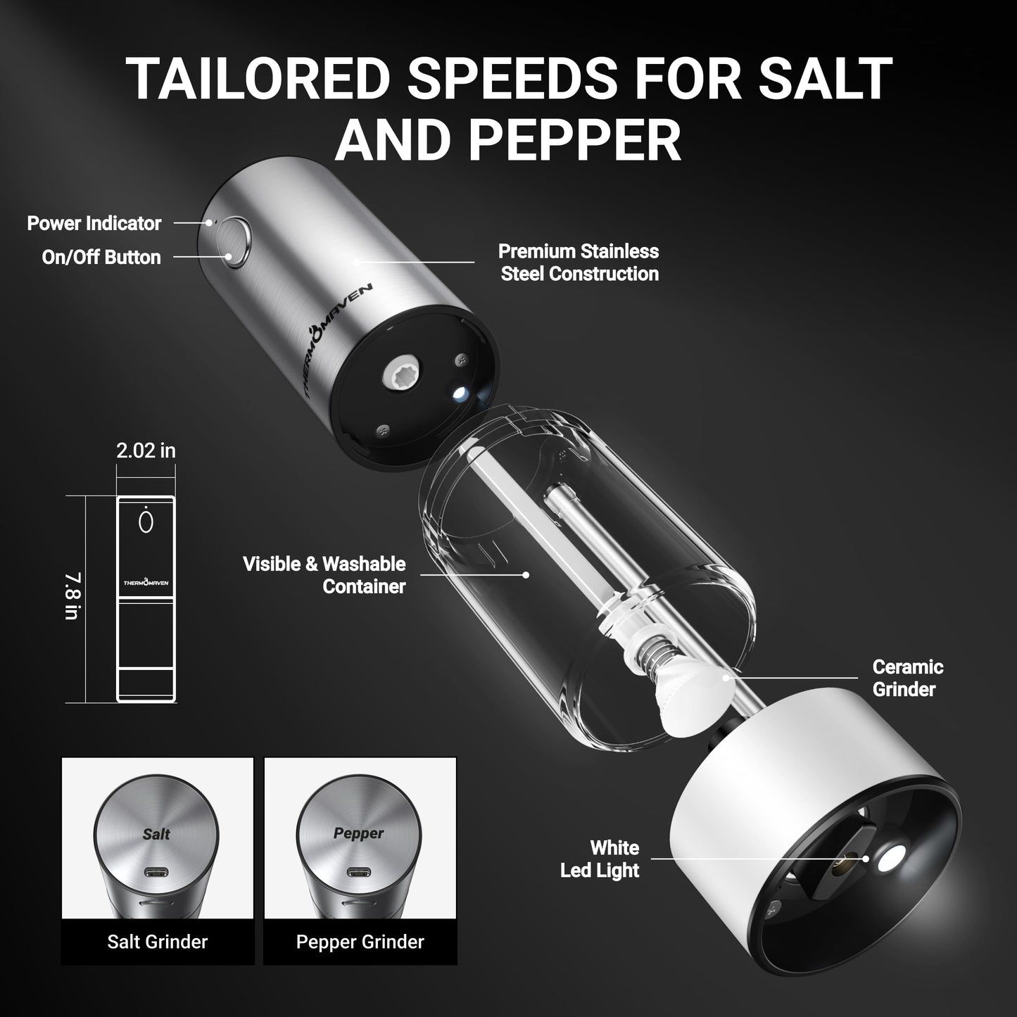 ThermoMaven Electric Salt and Pepper Grinder Set, 110ml Larger Rechargeable Automatic Salt and Pepper Mill Grinder with 6 Adjustable Coarseness, Electric Salt and Pepper Shakers, LED, 2 Packs, Black