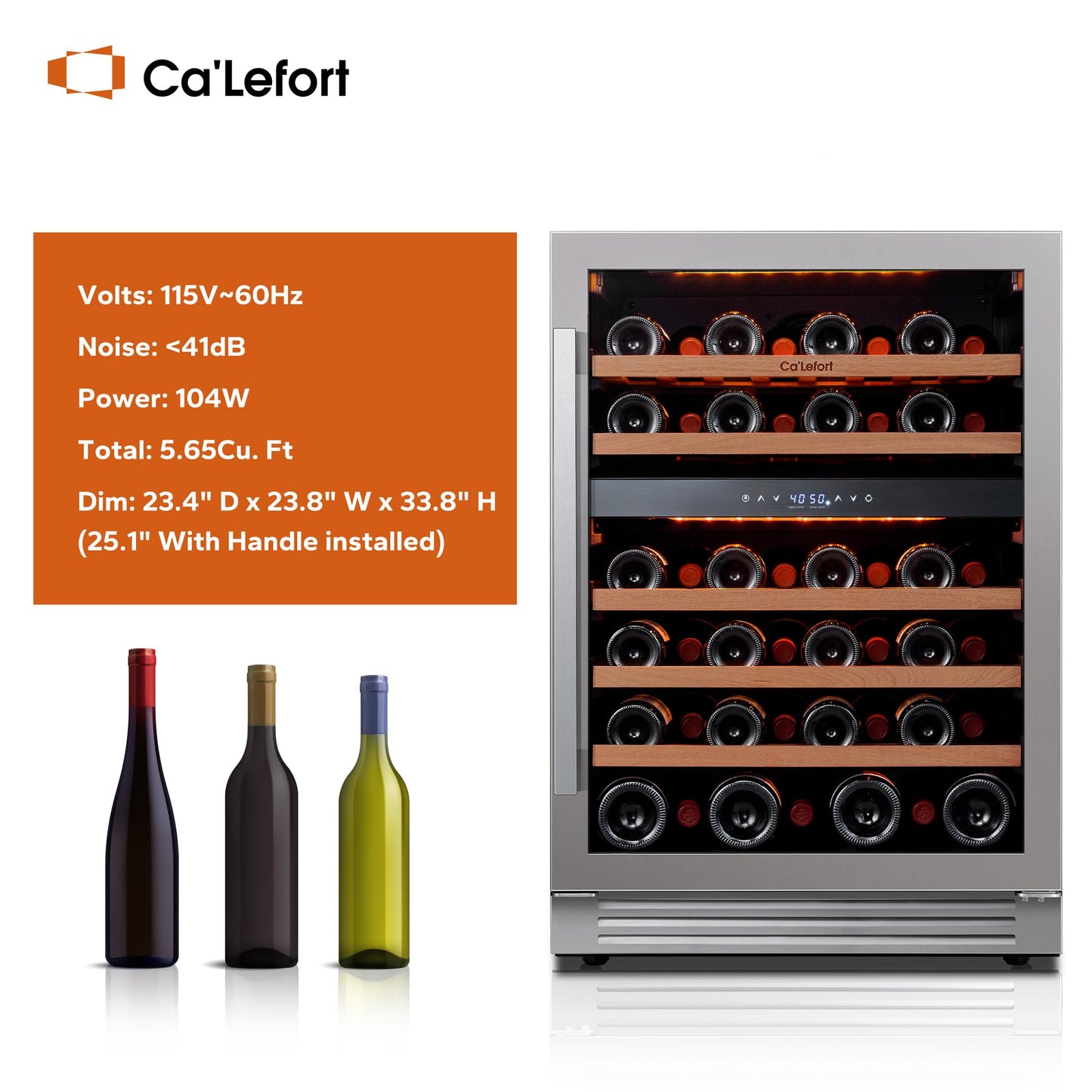 Ca'Lefort 24 Inch Wine and Beverage Refrigerator, 60 Can and 20 Bottle Wine Fridge 36-72°F, 3 LED Dual Zone Wine Cooler with Glass Door, Built-in Compressor Refrigerator for Home/Kitchen (4.10 cu.ft)