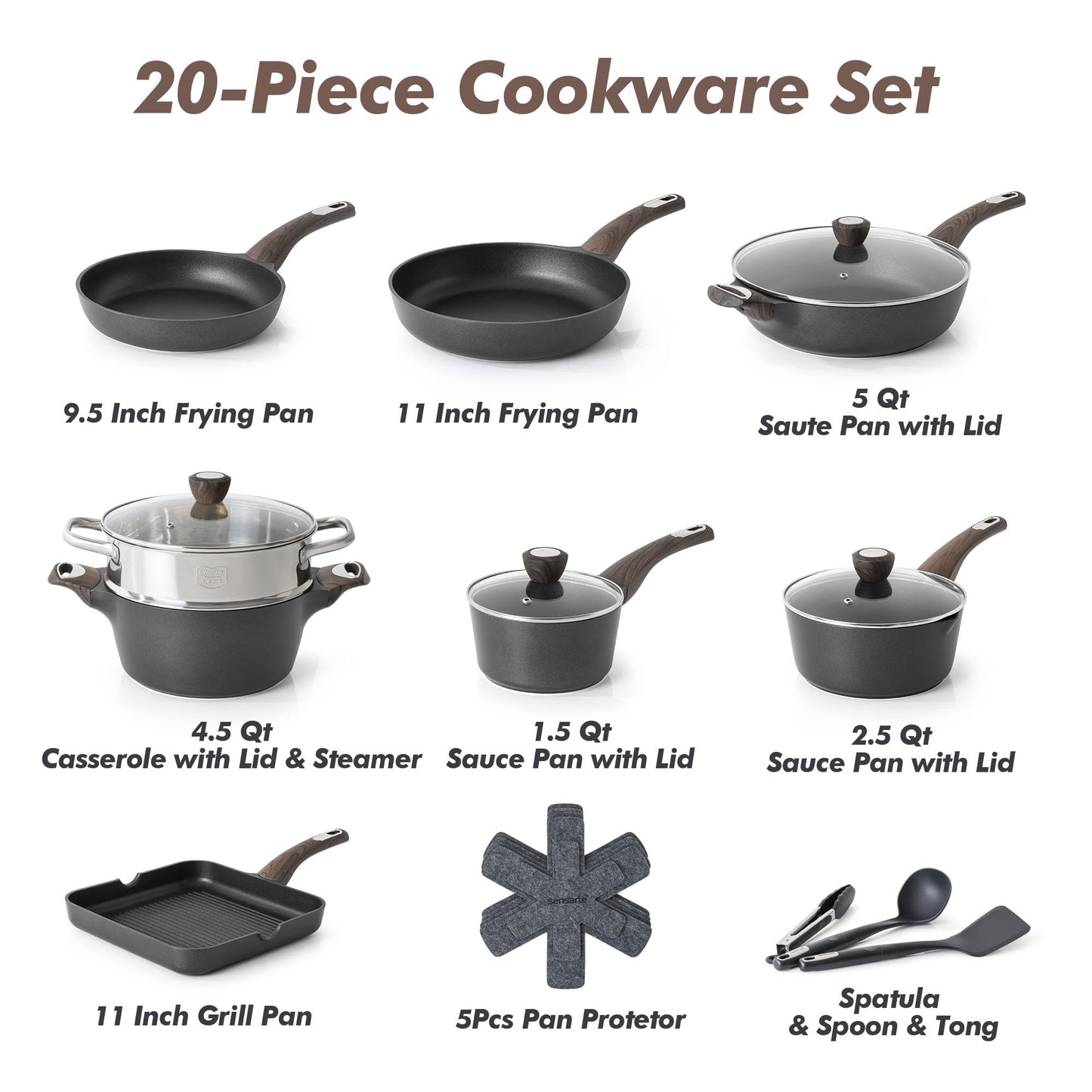 SENSARTE Ceramic Cookware Sets, Pots and Pans Set Nonstick, 20-Piece Induction Cookware, Non-toxic Healthy Non Stick Kitchen Cooking Set with Stay-Cool Handles, PFAS PTFE PFOA PFOS Free