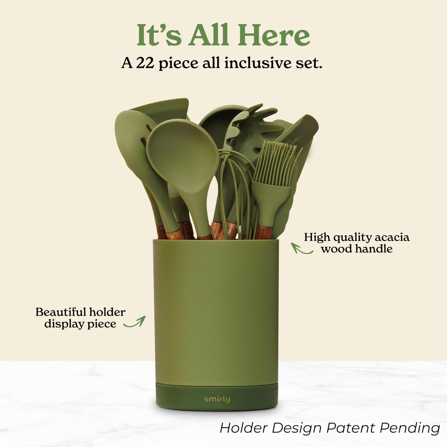 Silicone Kitchen Utensils Set & Holder: Cooking Utensils Set - Kitchen Essentials for New Home & 1st Apartment- Silicone Spatula Set, Cooking Spoons for Nonstick Cookware (Acacia Wood, Cream White)