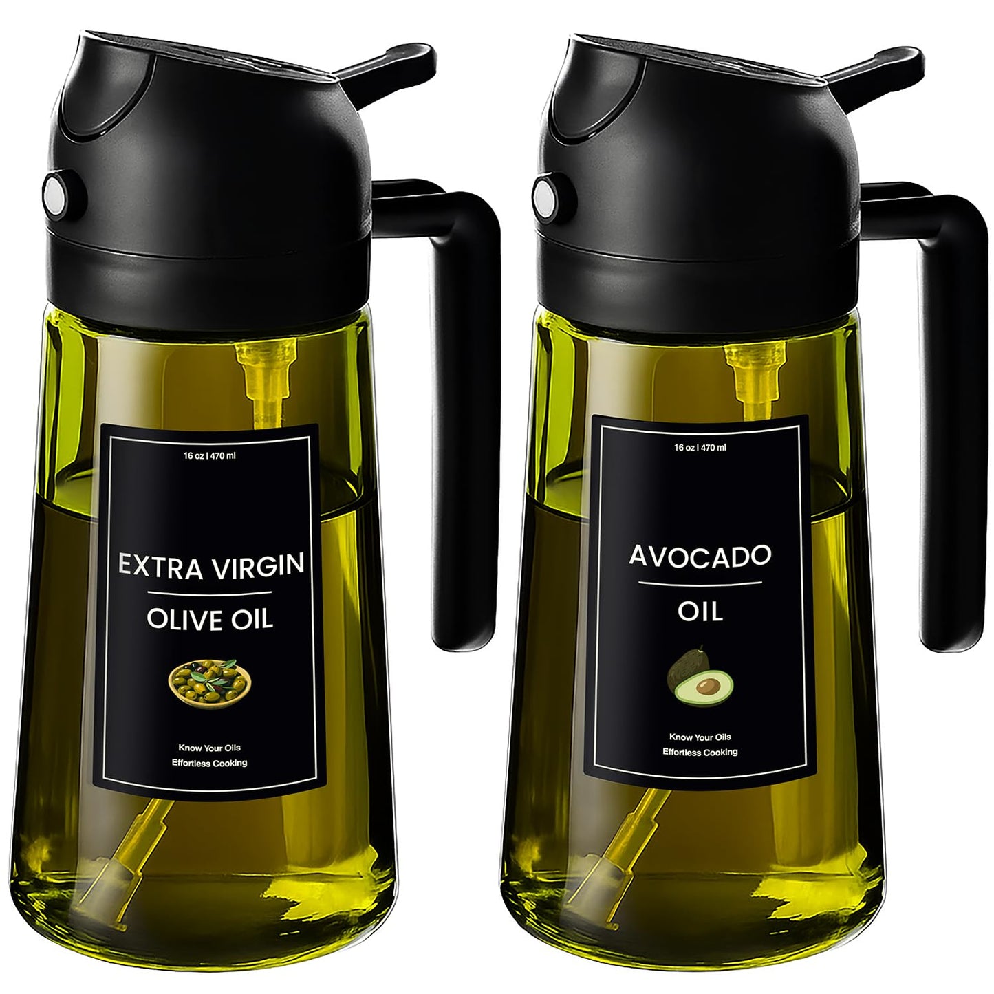CXINYI - 16oz/470ml Olive Oil Dispenser for Kitchen with Stickers - 2 in 1 Olive Oil Sprayer for Cooking, Air Fryer, and Salad, Black&Green (Light-Proof Kitchen Gadget)