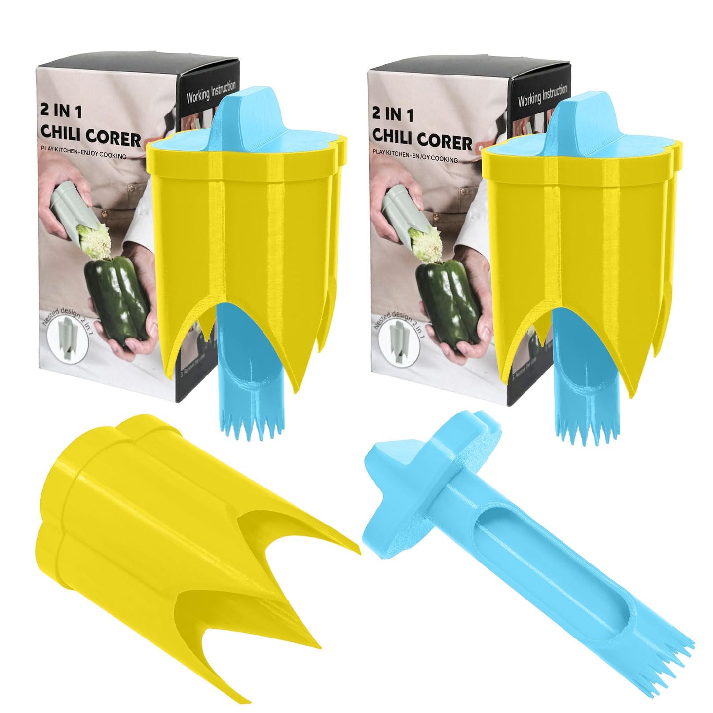 Pepper Corer, 2 in 1 Red Bell Pepper Seed Corer Remover Tool, Fruit & Vegetable Corers Quick Cave Tools for Jalapeno Cutter Deseeder, Blue Yellow, 3 PCS