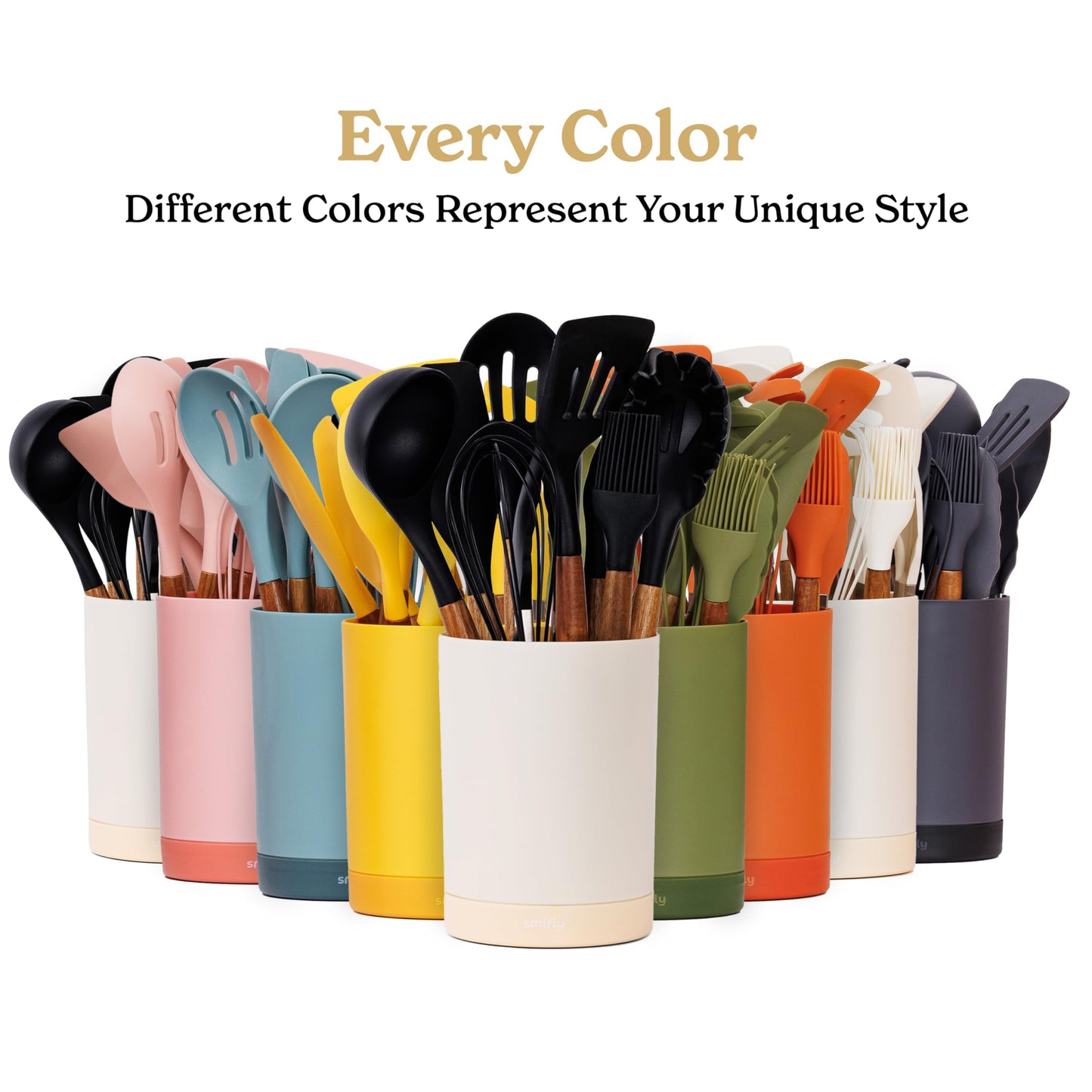 Silicone Kitchen Utensils Set & Holder: Cooking Utensils Set - Kitchen Essentials for New Home & 1st Apartment- Silicone Spatula Set, Cooking Spoons for Nonstick Cookware (Acacia Wood, Cream White)