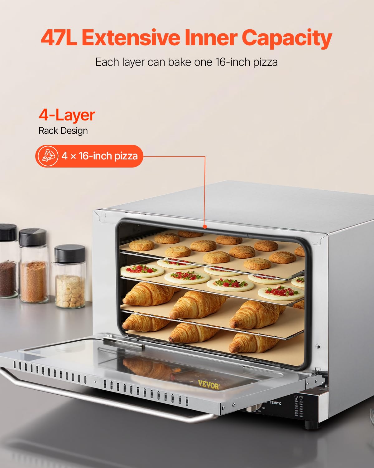 VEVOR Commercial Convection Oven, 21L/19Qt, Quarter-Size Conventional Oven Countertop, 1440W 3-Tier Toaster w/Front Glass Door, Electric Baking Oven w/Trays Wire Racks Clip Gloves, 120V