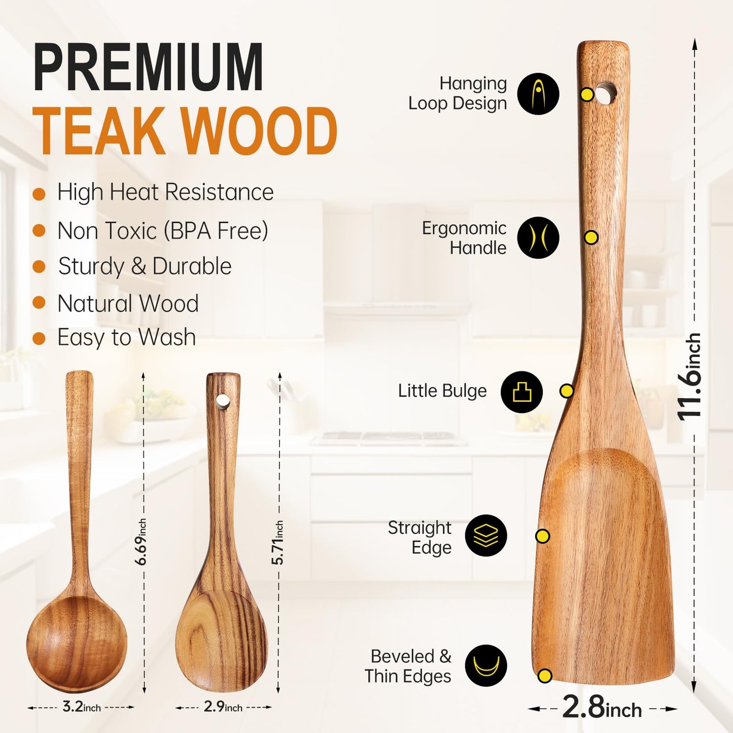 9 Piece Natural Teak Wooden Kitchen Utensil Set with Spoon Rest - Comfort Grip Cooking Spoons and Utensils Holder