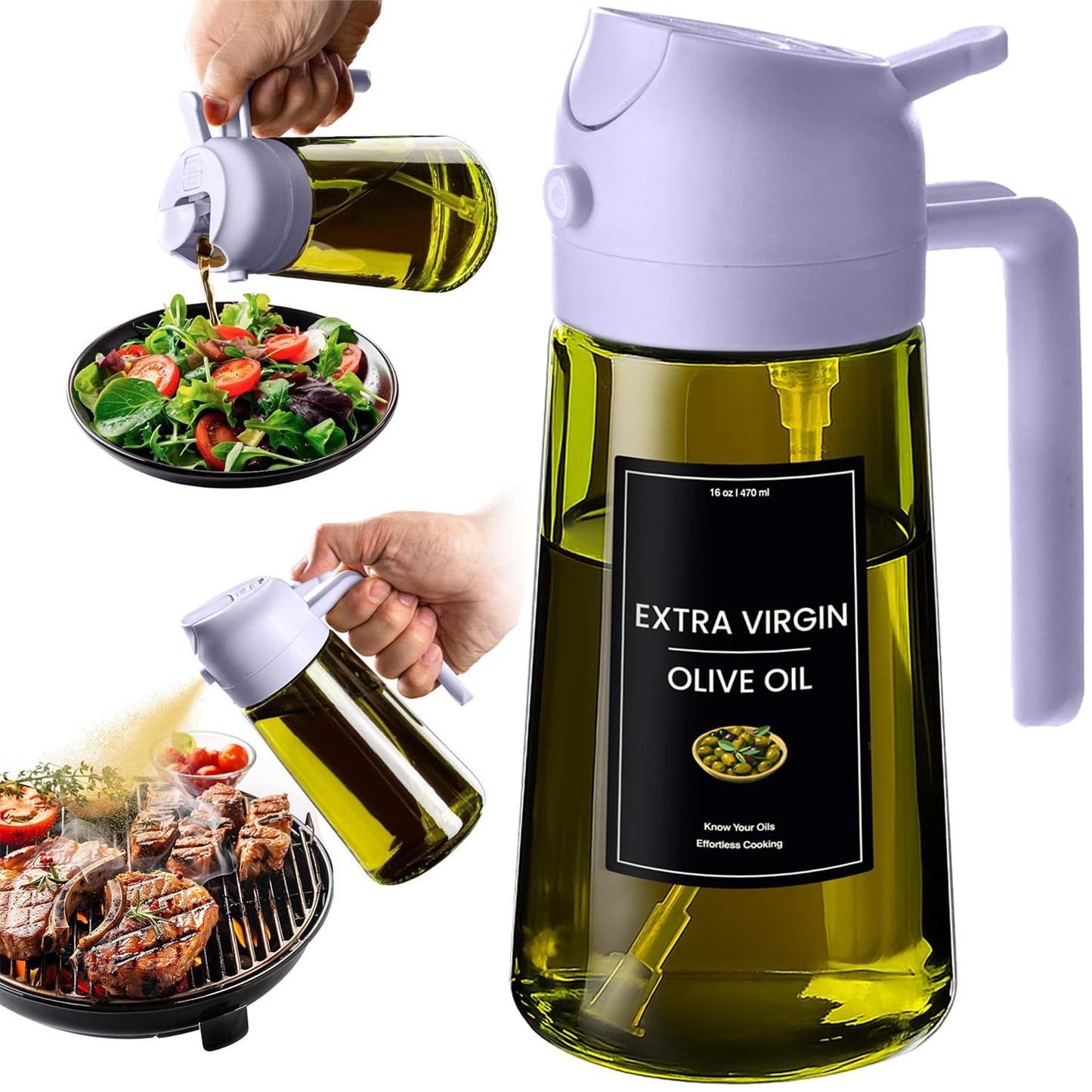 CXINYI - 16oz/470ml Olive Oil Dispenser for Kitchen with Stickers - 2 in 1 Olive Oil Sprayer for Cooking, Air Fryer, and Salad, Black&Green (Light-Proof Kitchen Gadget)