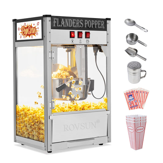 ROVSUN Popcorn Machine with 8 Ounce Kettle Makes Up to 32 Cups, Commercial Popcorn Machine Countertop Popcorn Maker w/Stainless Steel Scoop, Oil Spoon & 3 Popcorn Cups for Home Movie Theater, ETL