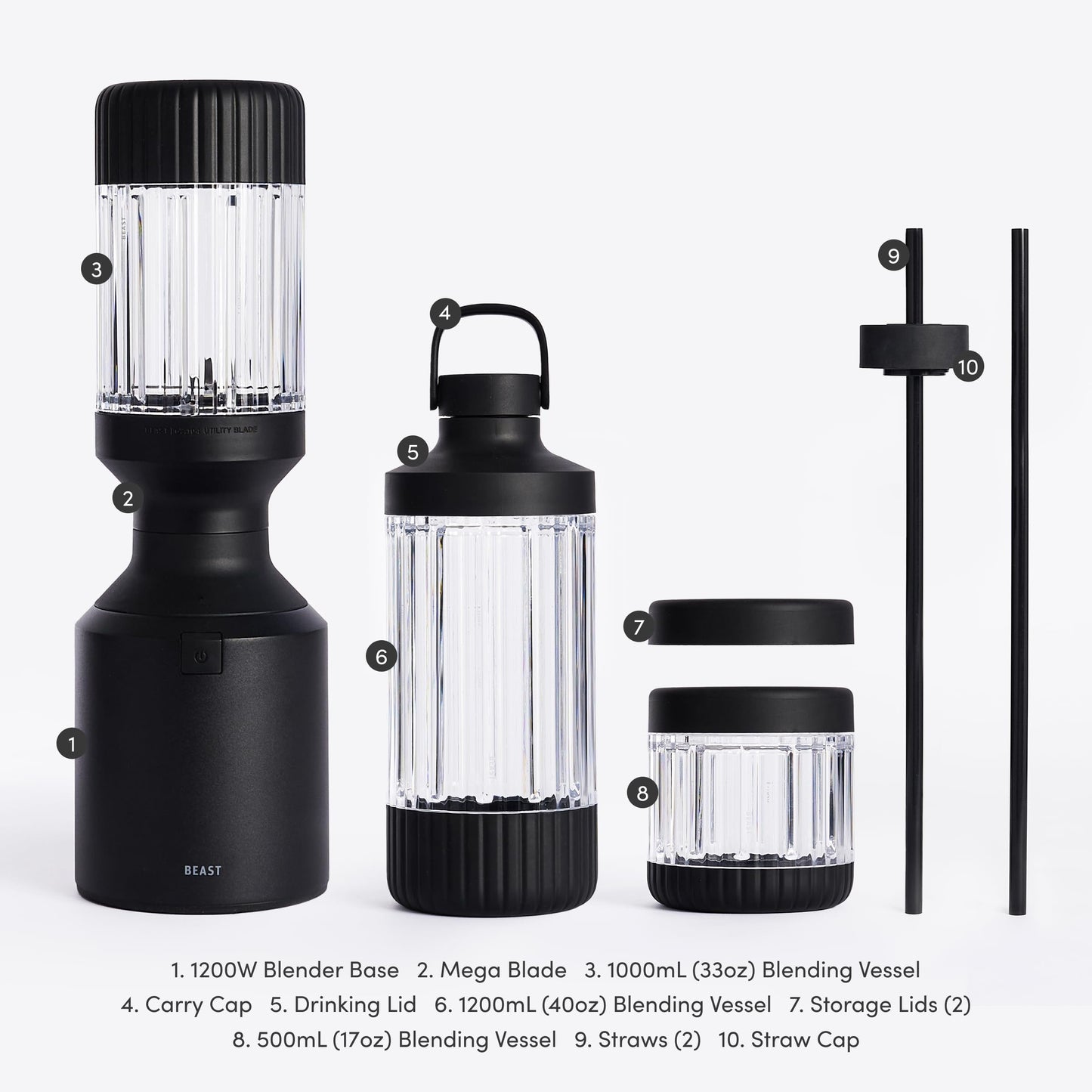 Beast Mega 1200 Plus | Premium Countertop Blender | Smoothies, Shakes, Sauces, Dips, Soups | Blends Ice and Frozen Fruit | XL Vessel | With Extra Vessels, Straw System | (Charcoal, 120V)