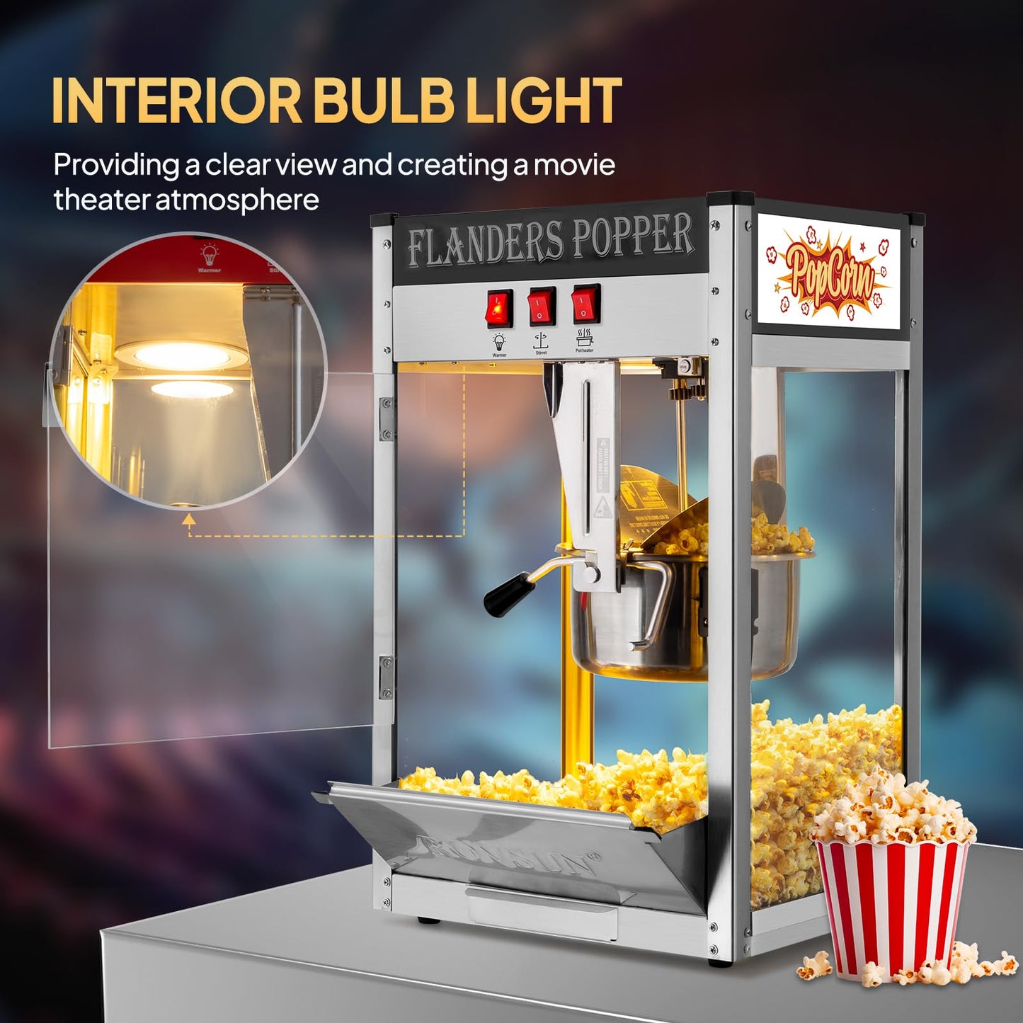 ROVSUN Popcorn Machine with 8 Ounce Kettle Makes Up to 32 Cups, Commercial Popcorn Machine Countertop Popcorn Maker w/Stainless Steel Scoop, Oil Spoon & 3 Popcorn Cups for Home Movie Theater, ETL